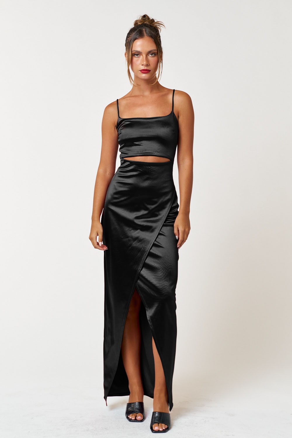 Formal Dresses Long Spaghetti Strap Satin Jersey Maxi Dress Black