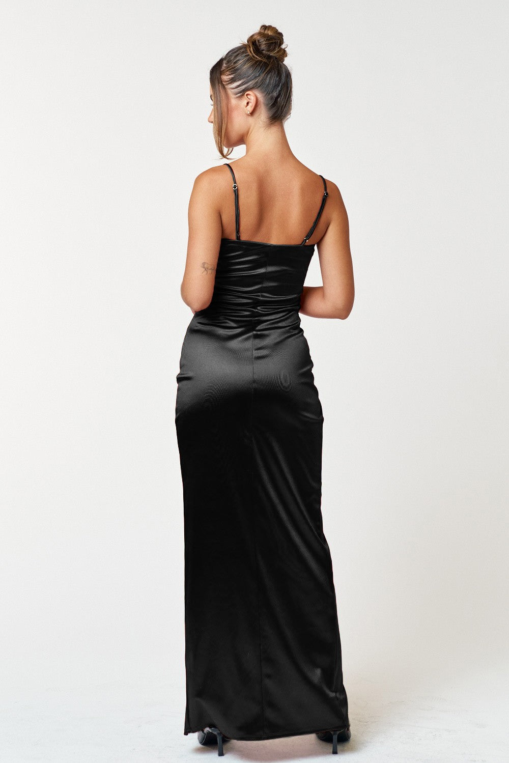 Black Long Spaghetti Strap Satin Jersey Maxi Dress for $39.99 – The ...