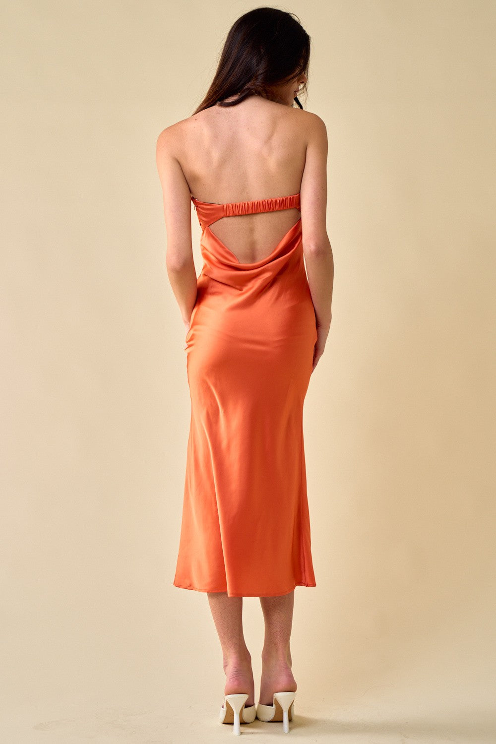 Cocktail Dresses Strapless Satin Cowl Back Bandeau Midi Dress Orange