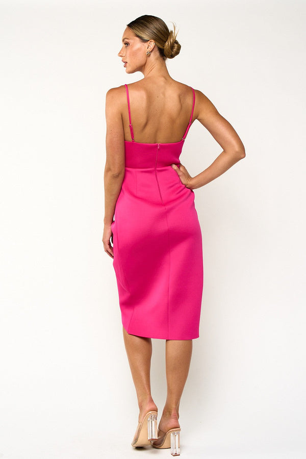 Cocktail Dresses Spaghetti Strap Wrapped Scuba Midi Dress Fuchsia