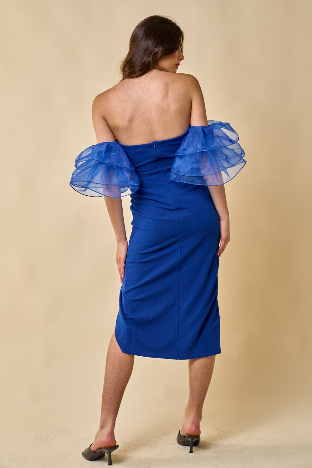 17598 Black Cold Shoulder Organza Ruffle Dress