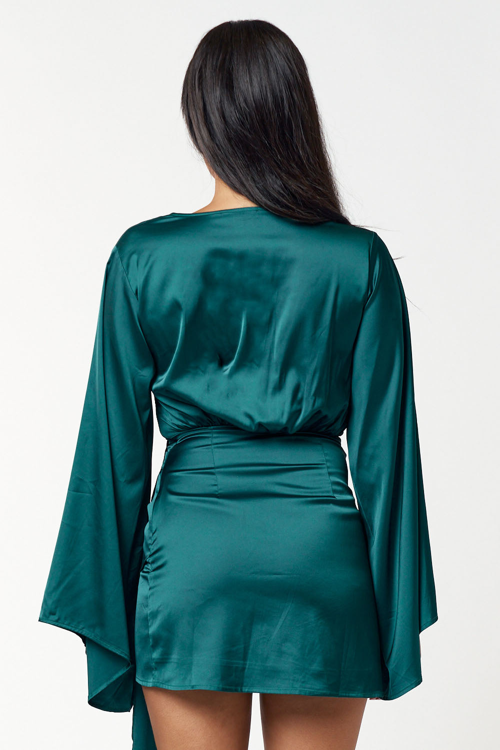 Short Satin Bell Long Sleeve Wrap Dress