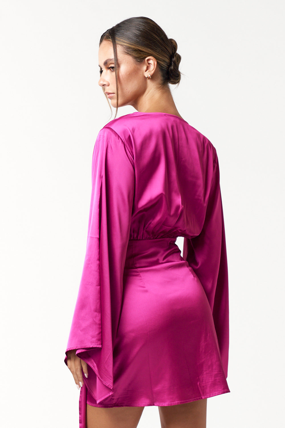 Short Satin Bell Long Sleeve Wrap Dress