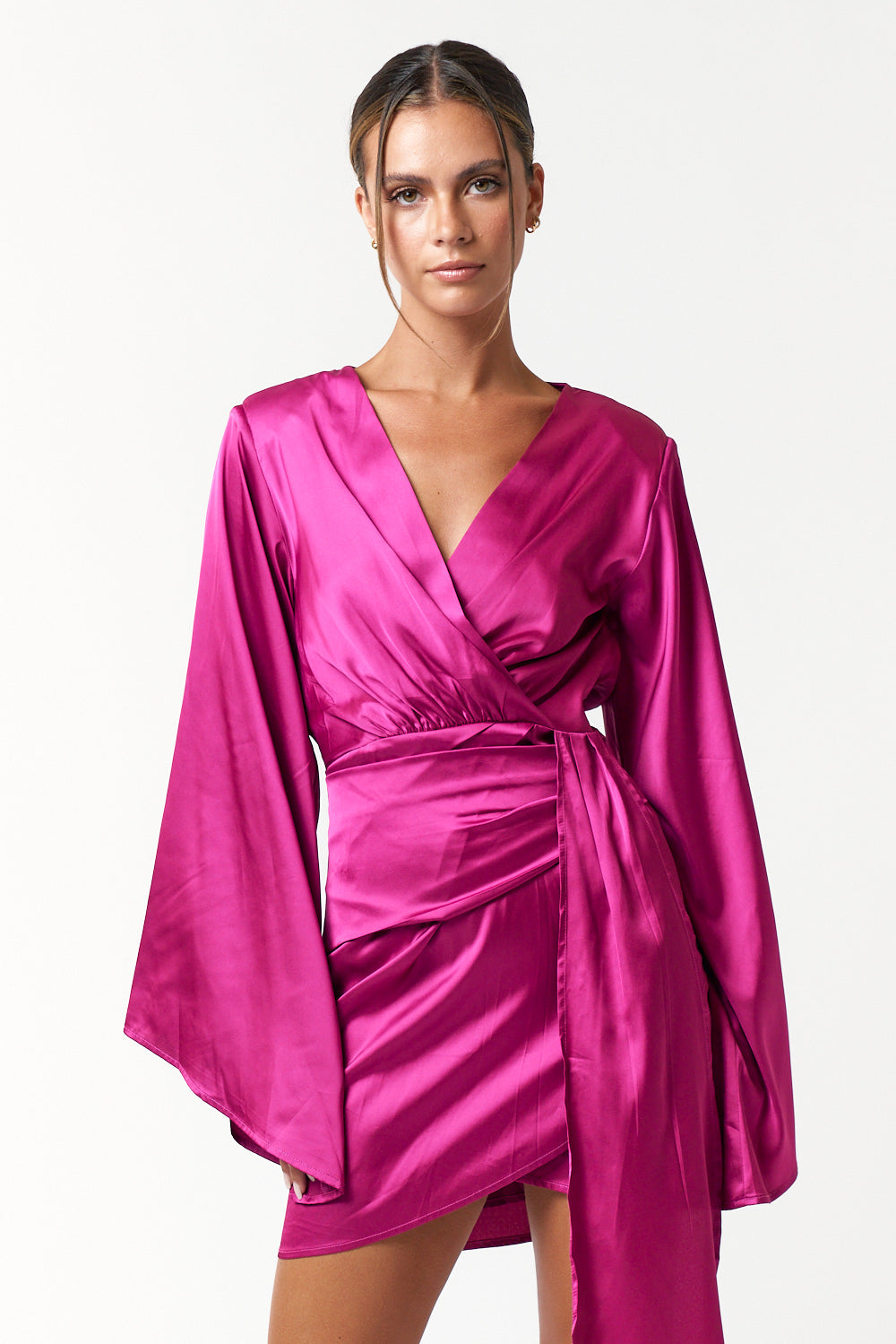 Short Satin Bell Long Sleeve Wrap Dress