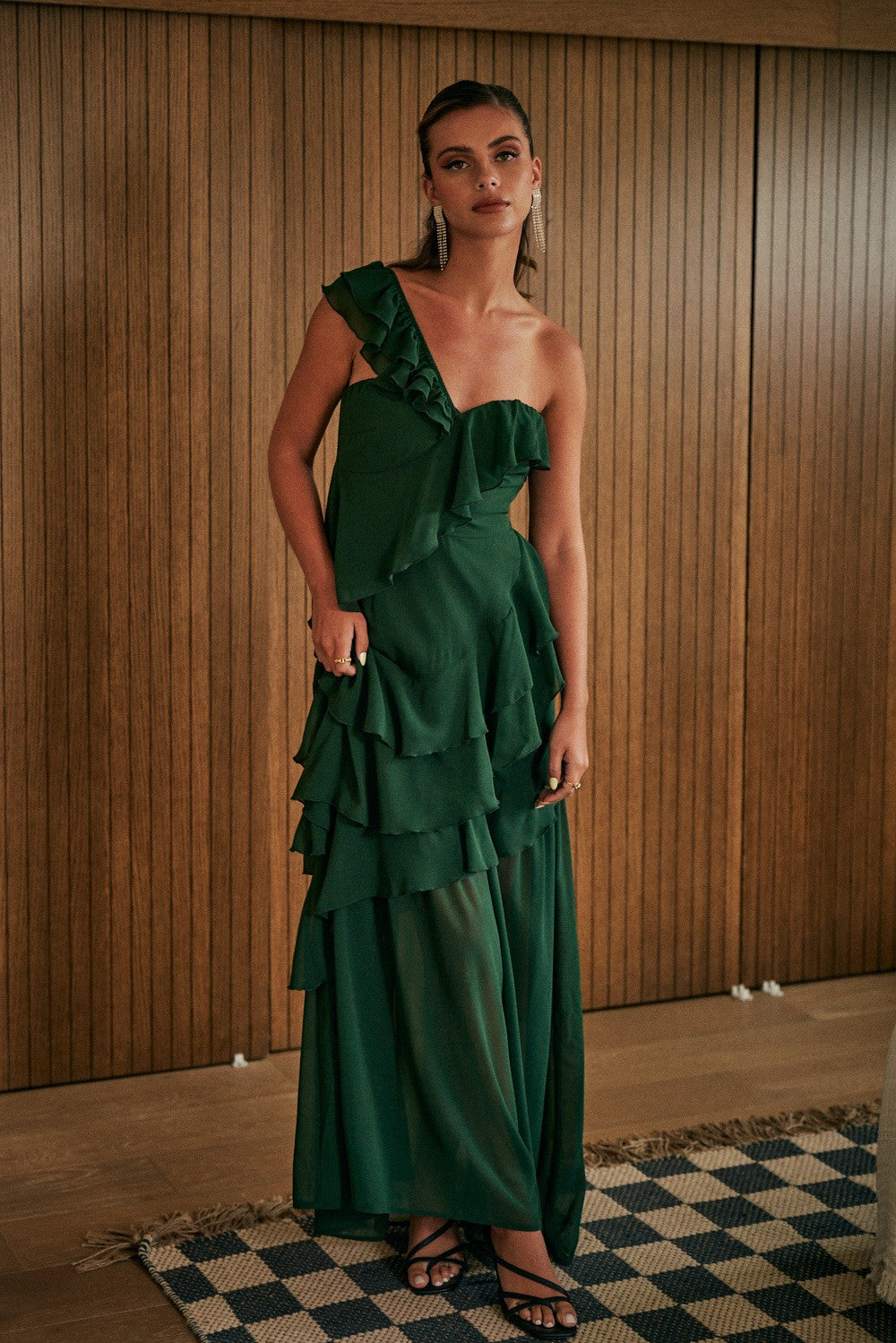 Long One Shoulder Ruffled Dress