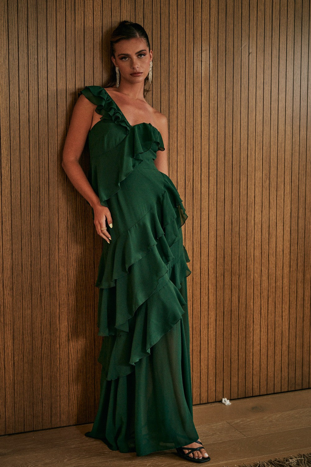 Long One Shoulder Ruffled Dress