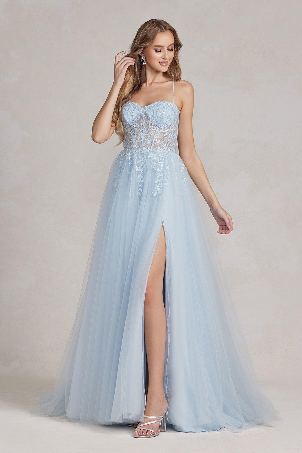 Nox Anabel J1089 Long Spaghetti Strap Sexy Prom Ball Gown Ice Blue