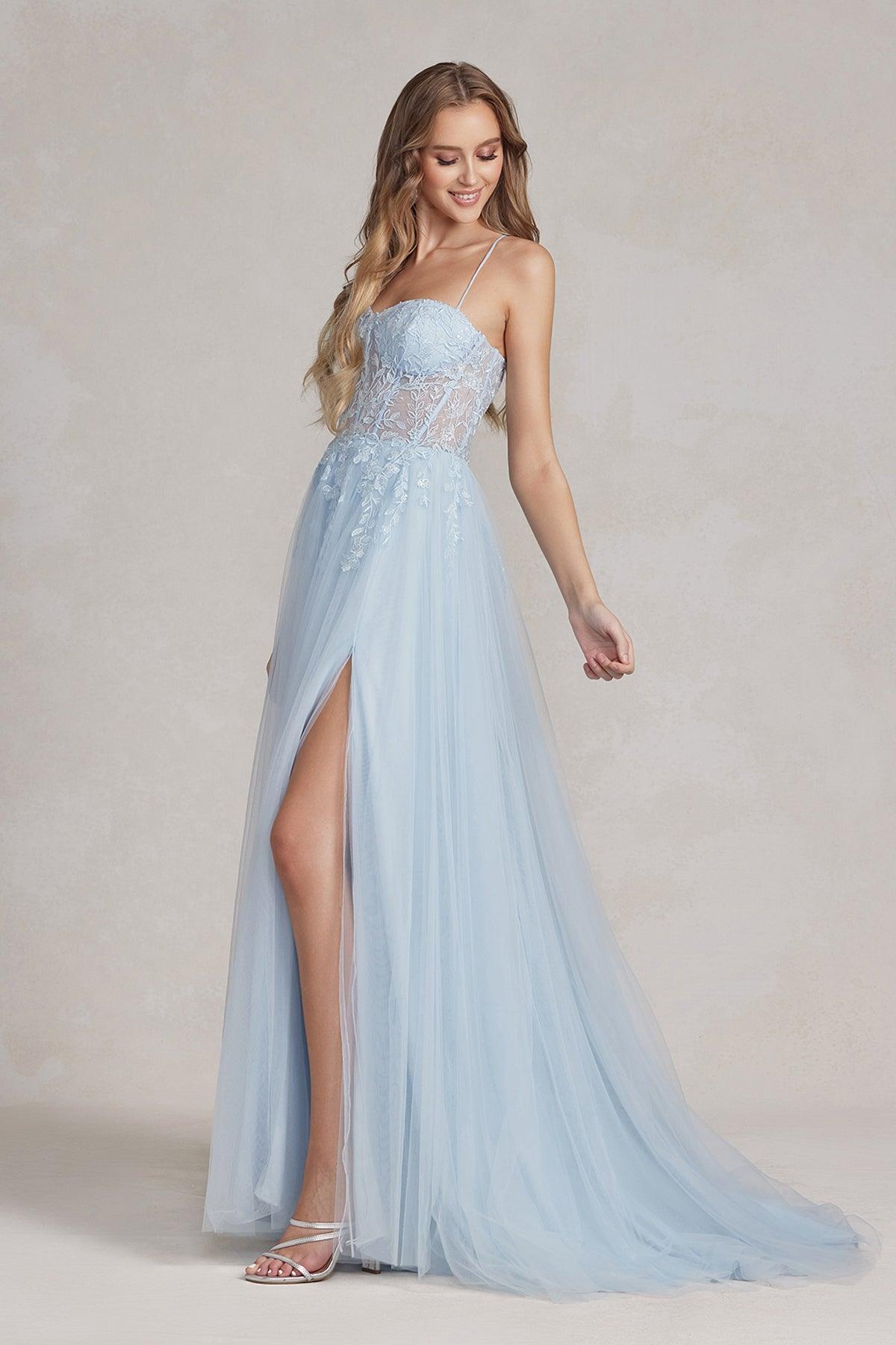 Nox Anabel J1089 Long Spaghetti Strap Sexy Prom Ball Gown Ice Blue