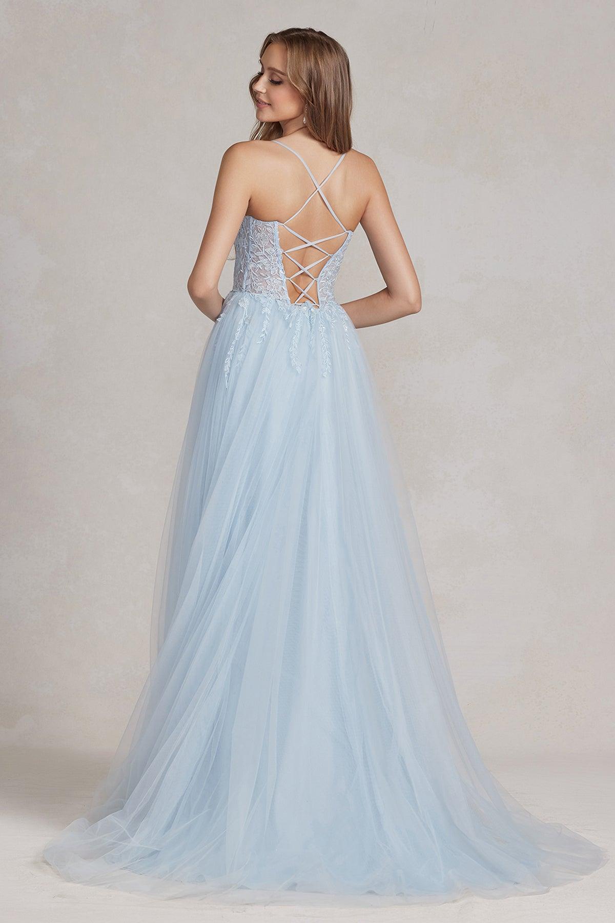 Nox Anabel J1089 Long Spaghetti Strap Sexy Prom Ball Gown Ice Blue