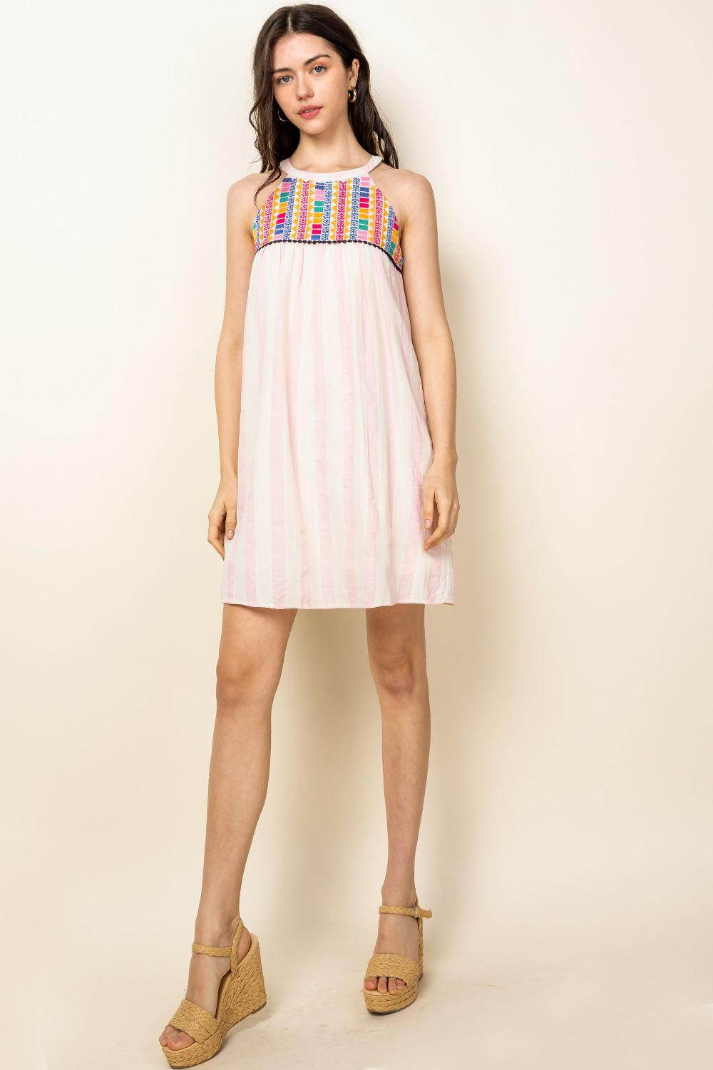 Short Halter Stripe Embroidered Dress