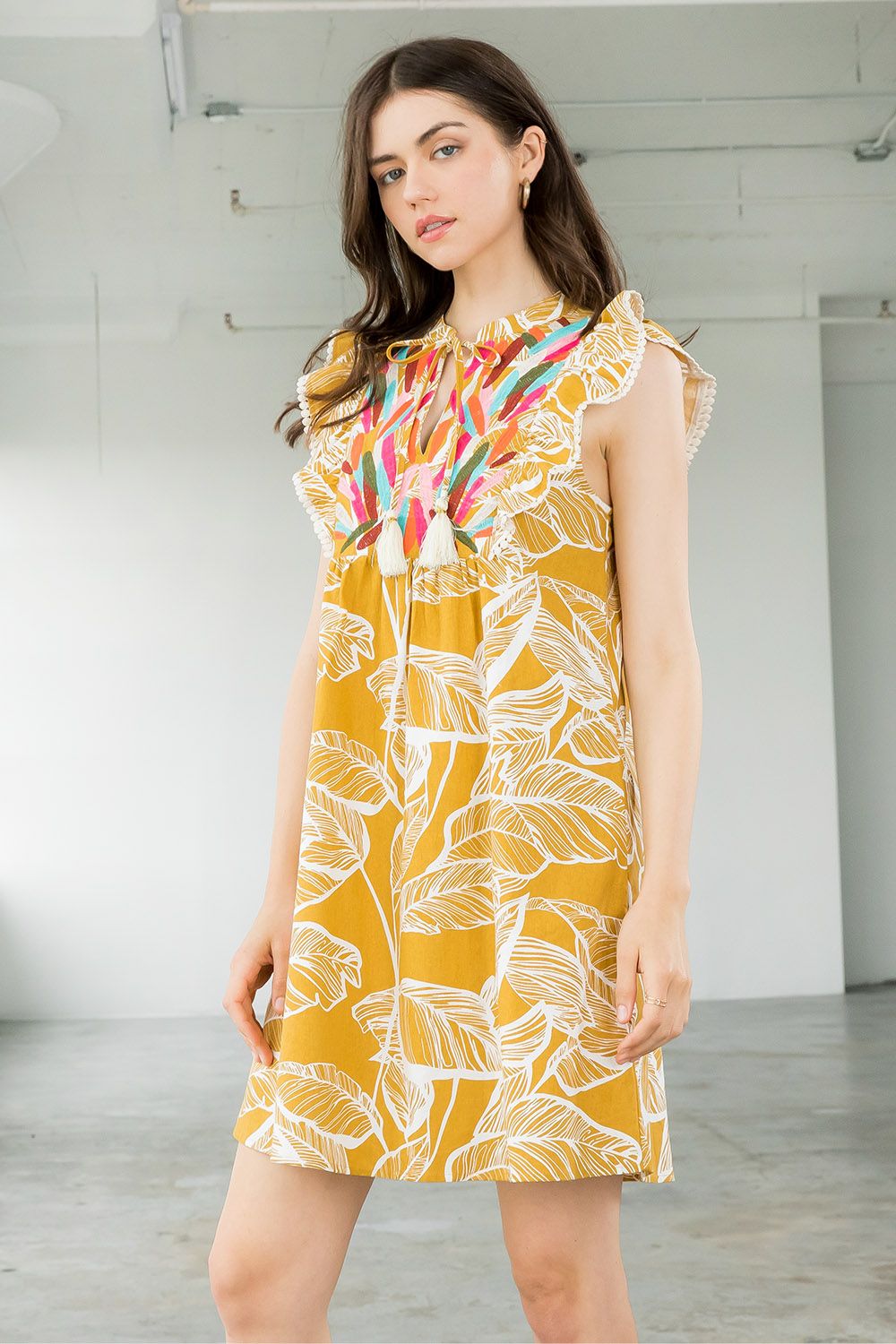 Short Embroidered Ruffle Leaf Dress