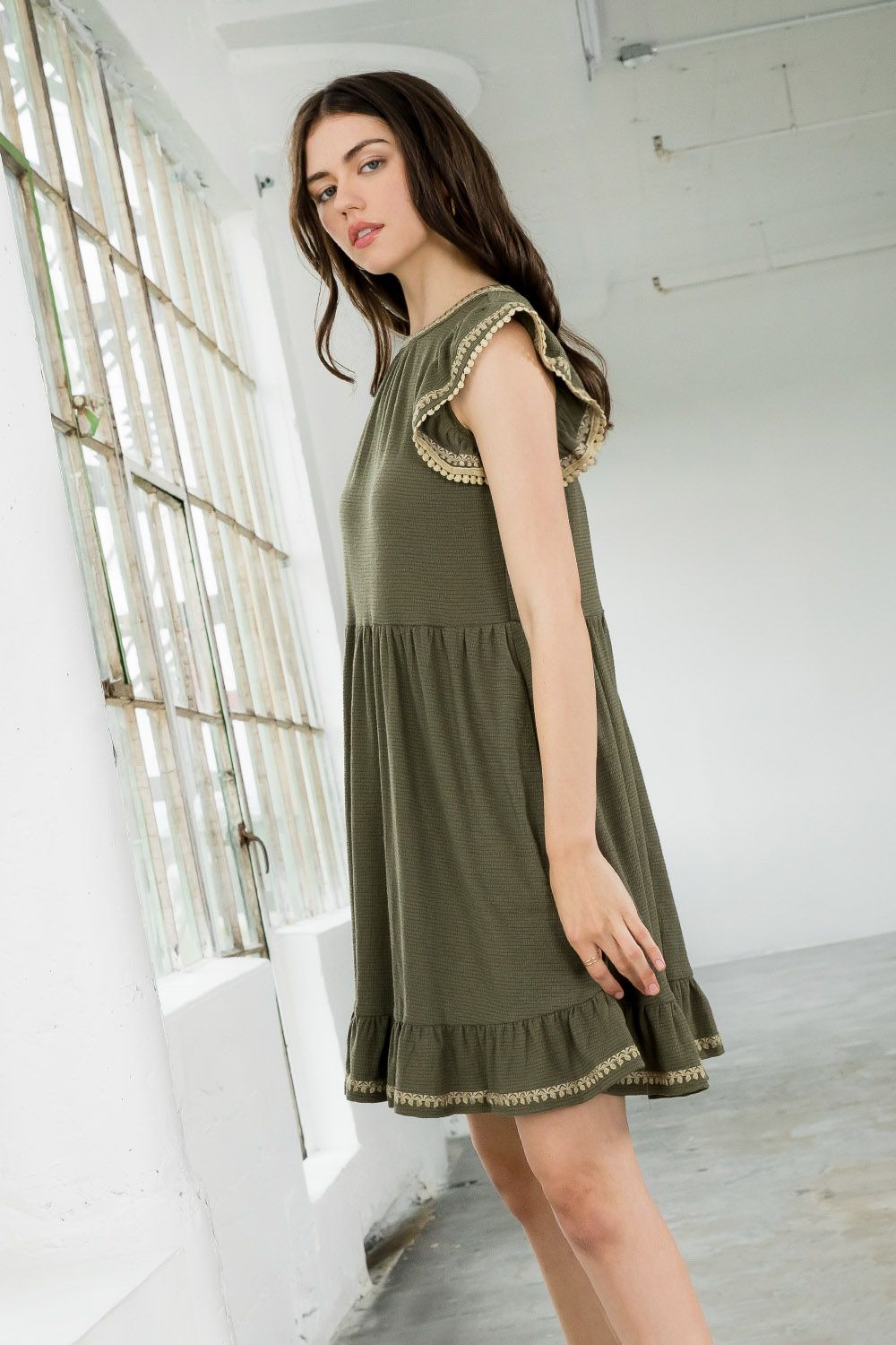 Short Embroidered Flutter Sleeve Dress