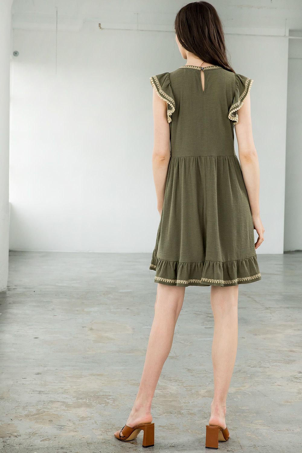 Short Embroidered Flutter Sleeve Dress