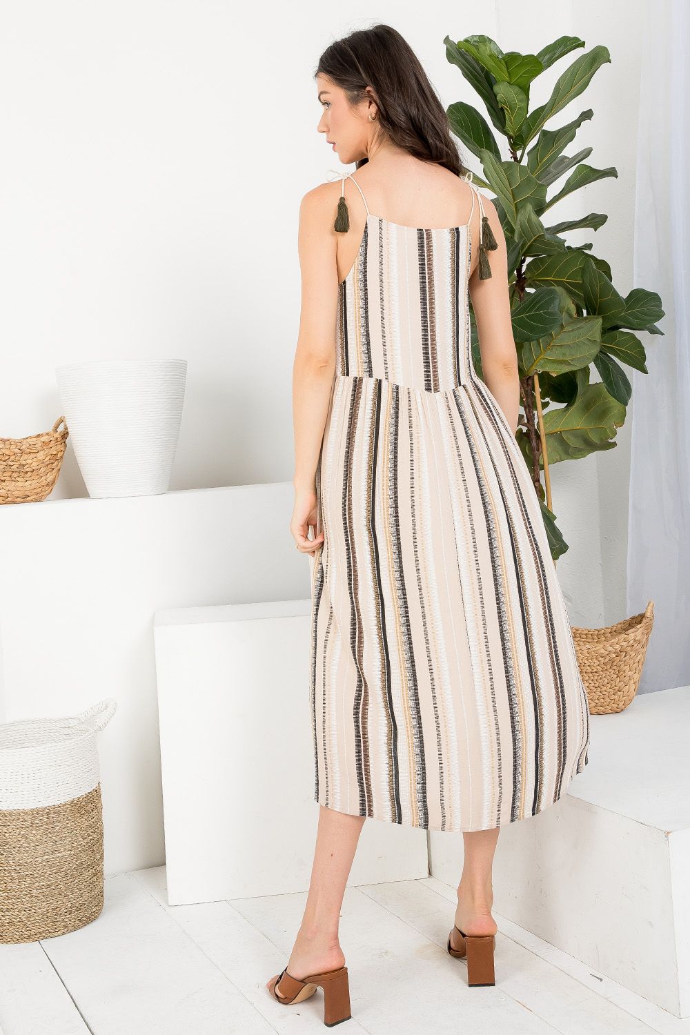 Embroidered Stripe Sleeveless Midi Dress