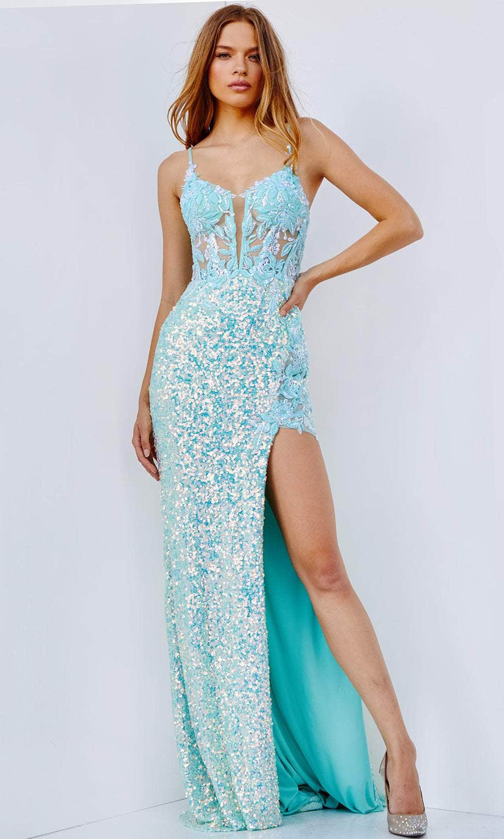 Jovani 24299 Illusion Corset Bodice Sequin High Slit Long Prom Dress - Aqua / 18 Jovani 24299 Illusion Corset Bodice Sequin High Slit Long Prom Dress - Aqua / 18