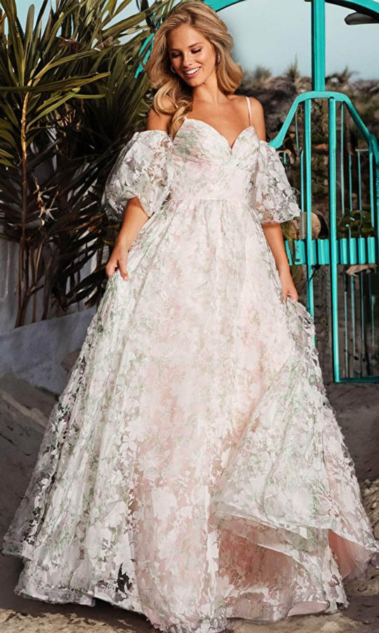 Jovani 37531 Puff Sleeve Floral A Line Long Prom Dress