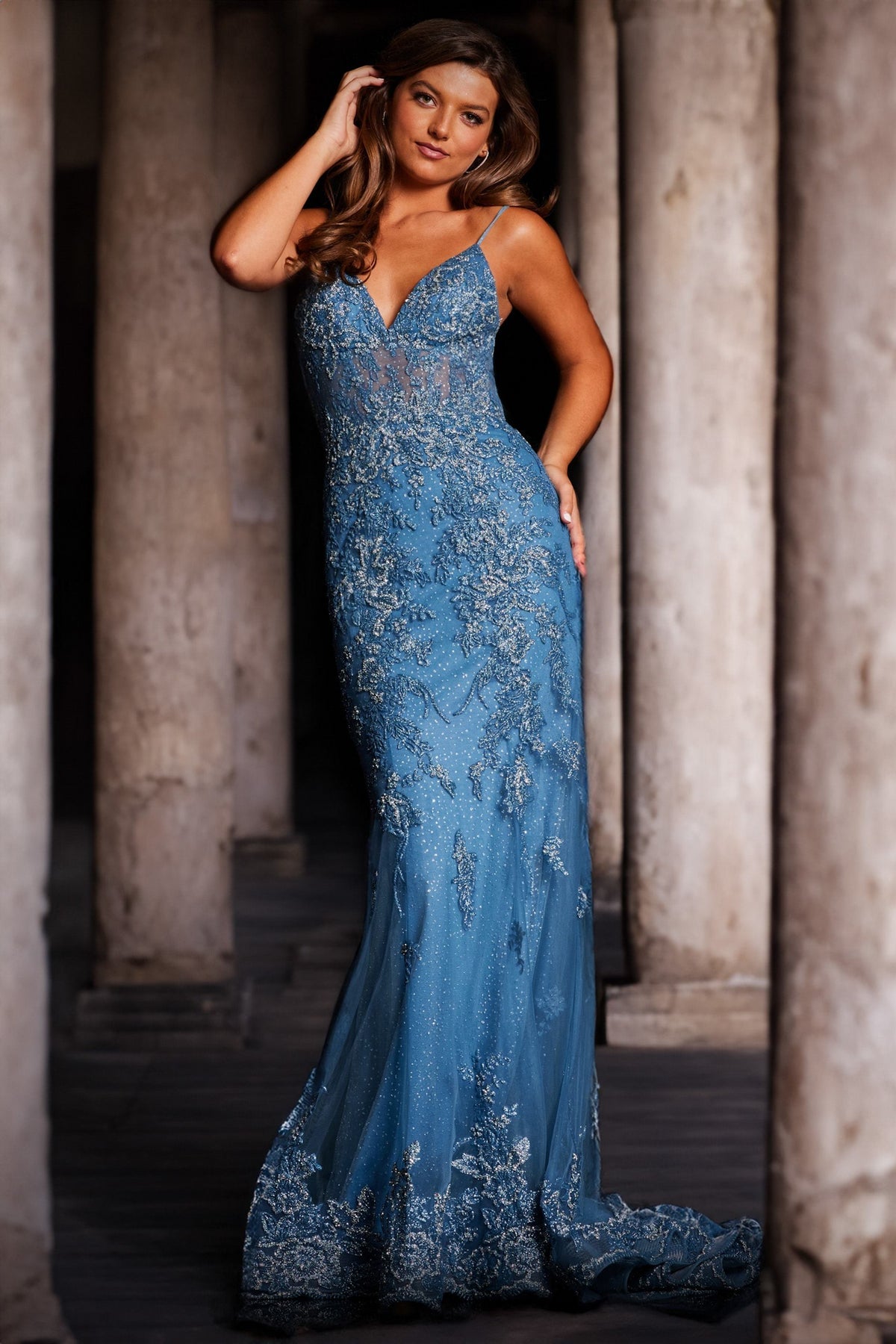 Jovani 37595 Spaghetti Strap V Neck Embroidered Long Prom Dress