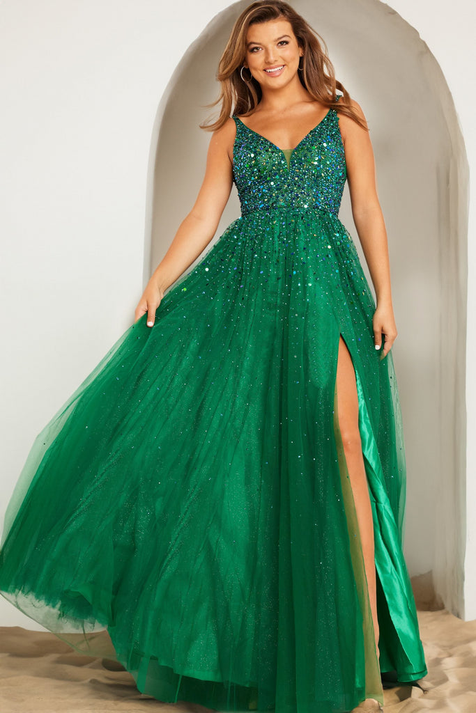 Jovani 38437 Sleeveless Embellished High Slit A Line Long Prom Dress - Emerald / 4 Jovani 38437 Sleeveless Embellished High Slit A Line Long Prom Dress - Emerald / 4