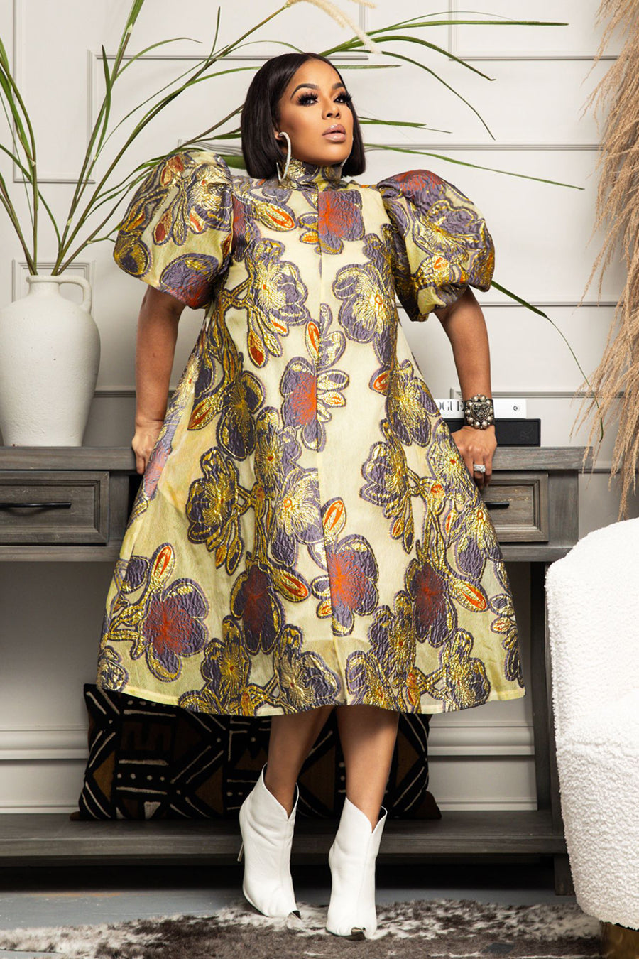 High Neck Floral Print Plunge Midi Dress