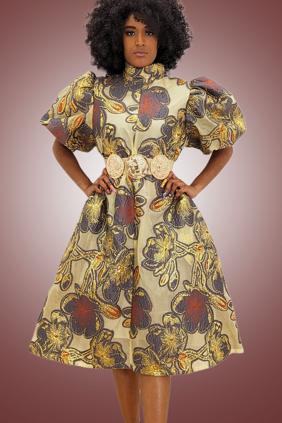 Puff Sleeve Flower Print High Neck Midi Dress