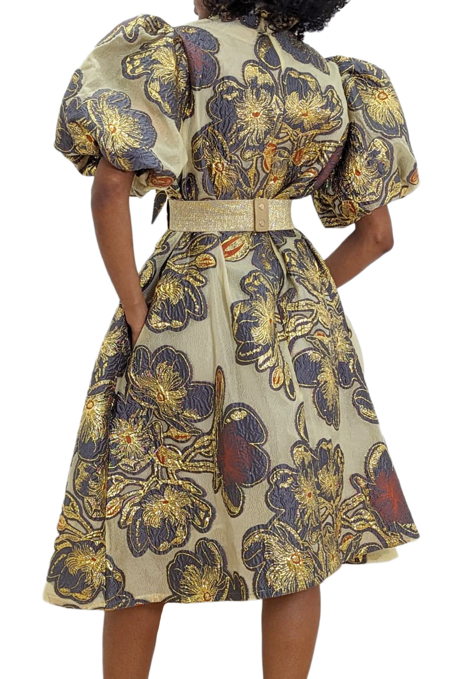 Puff Sleeve Flower Print High Neck Midi Dress