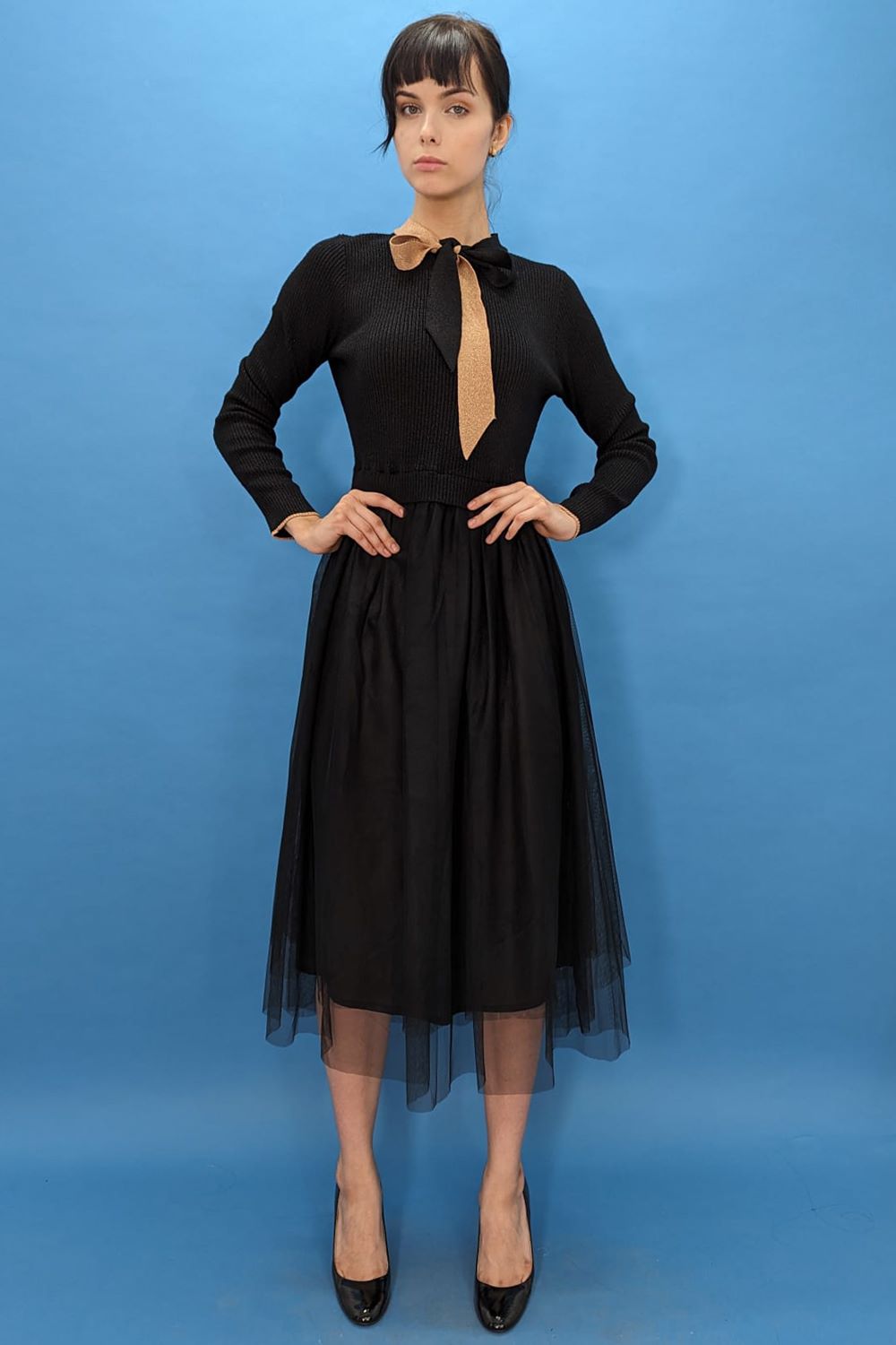 Long Sleeve Tulle Ribbon Midi Dress