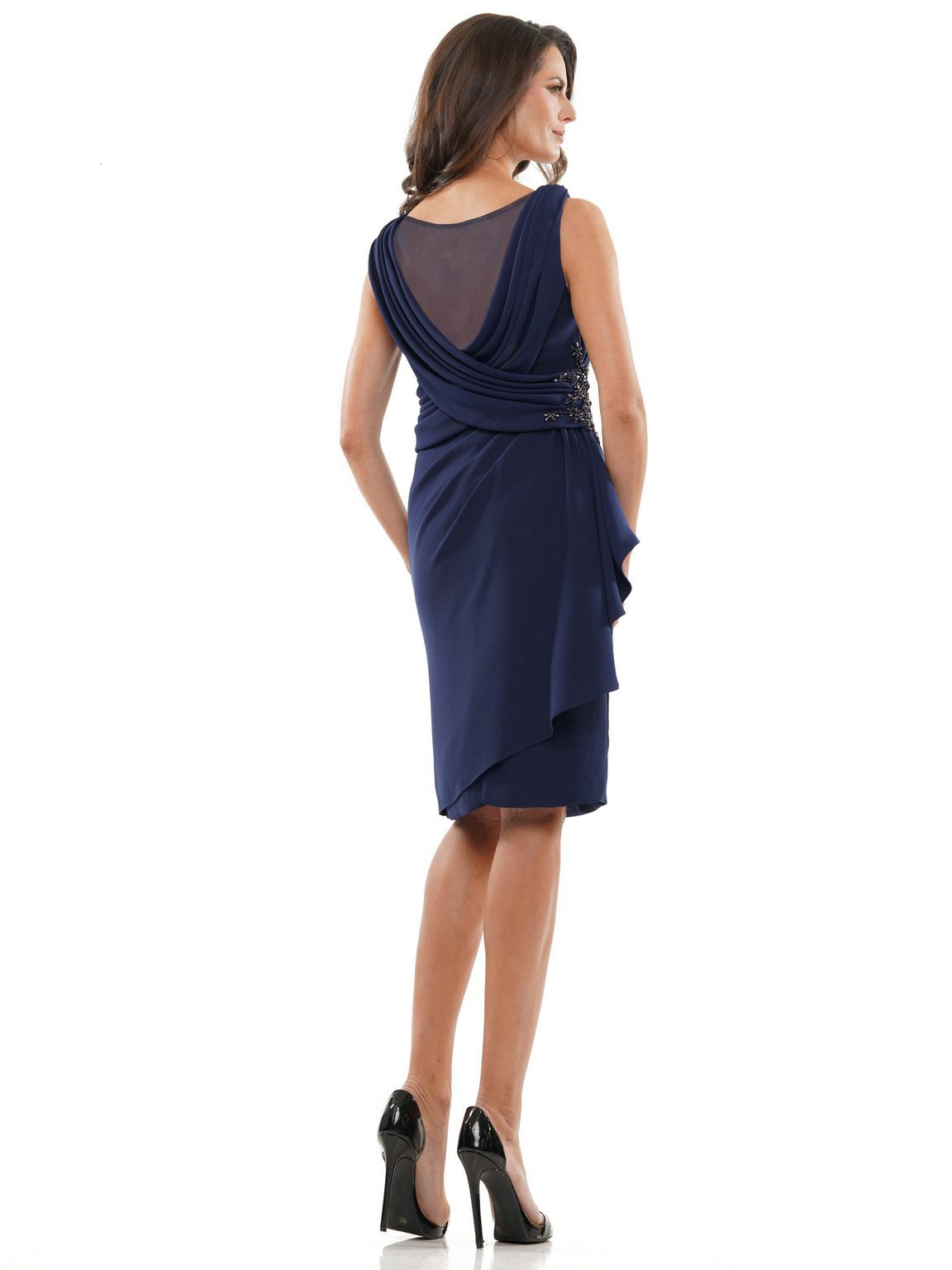 Cocktail Dresses Short Sheer Draped Back Cocktail Dress Navy