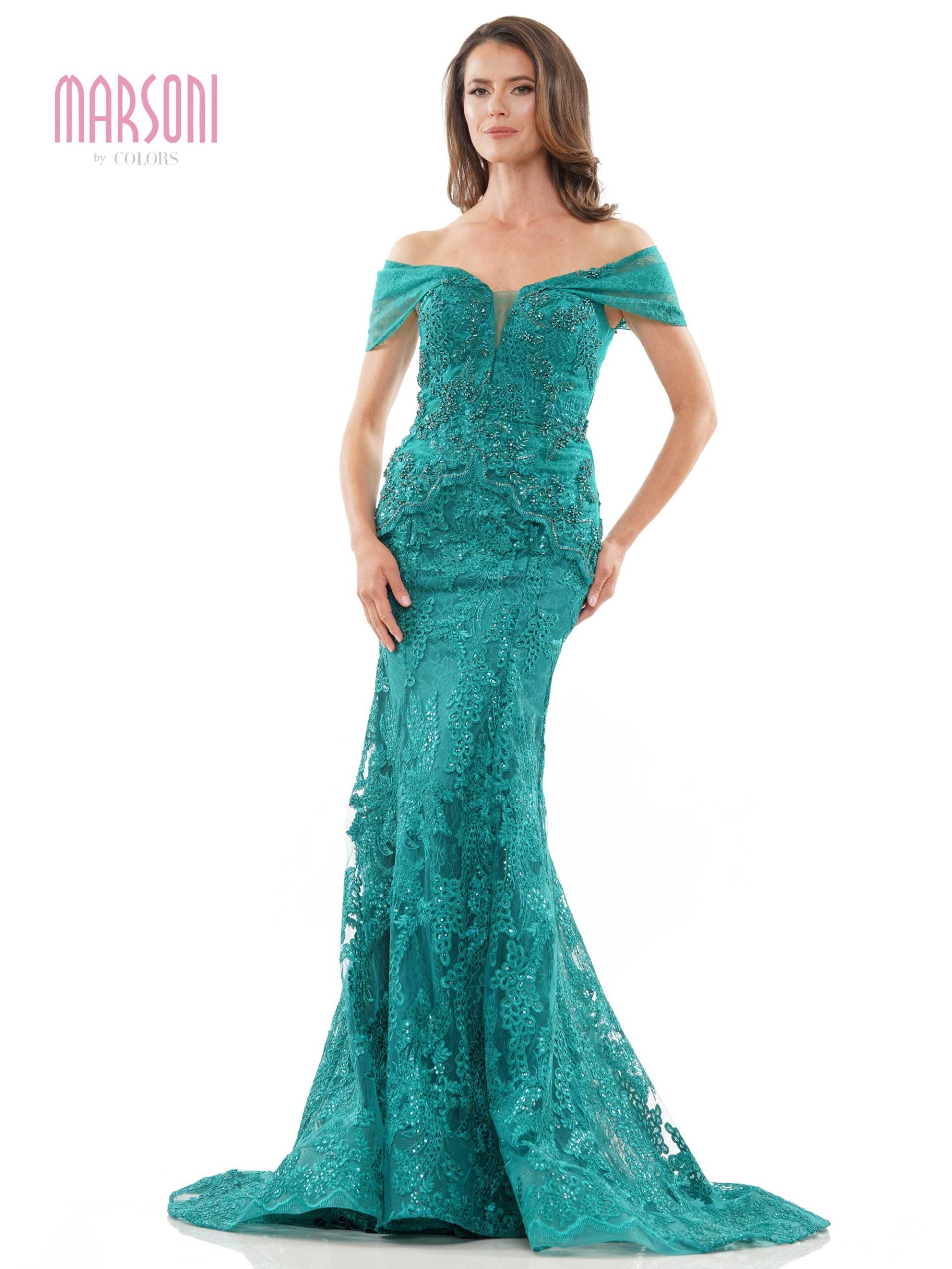 Marsoni MV1256 Long Off Shoulder Formal Lace Dress