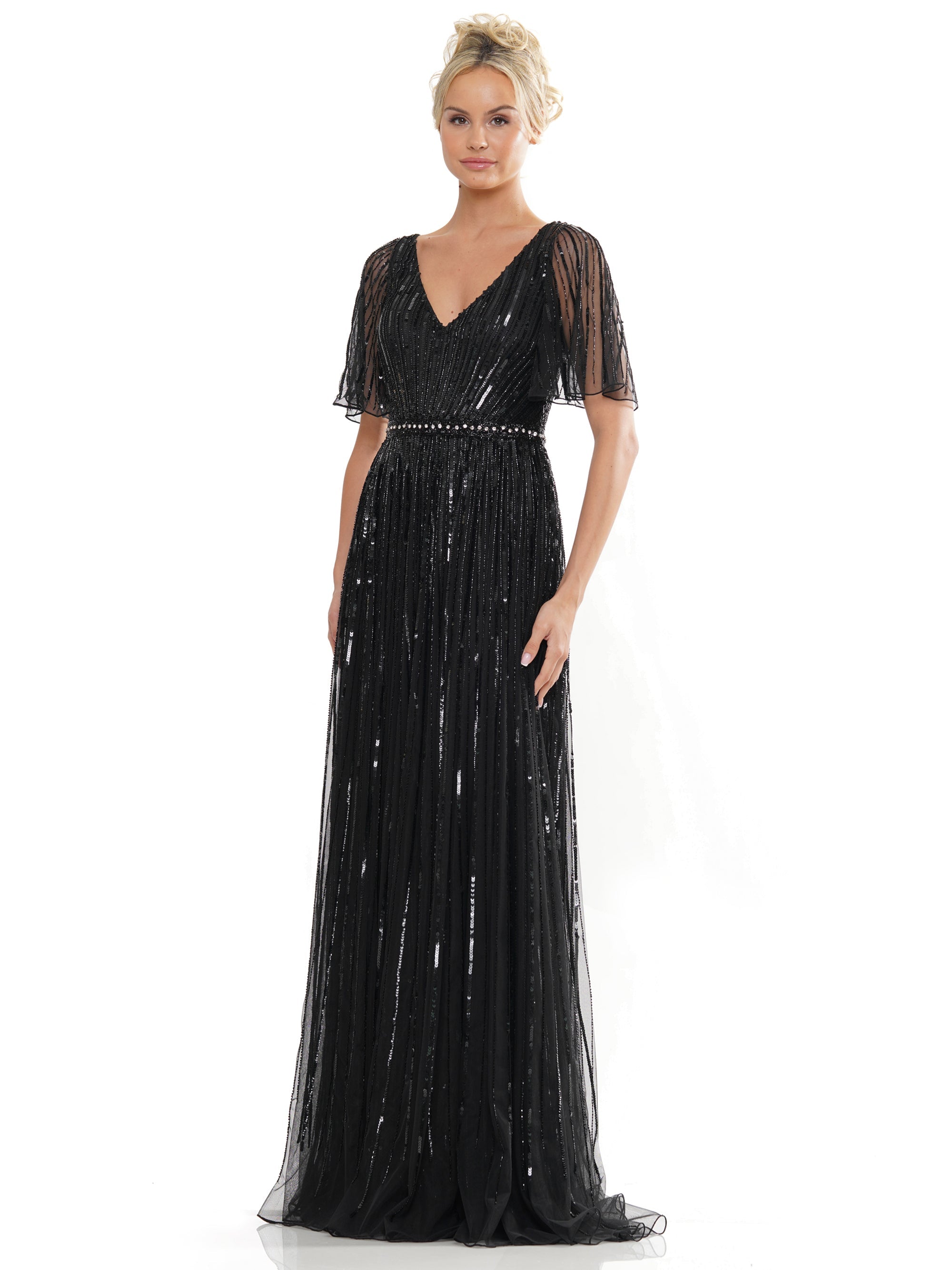 Mother of the Bride Dresses Mother of the Bride Long Beaded Short Sleeve Dress Black