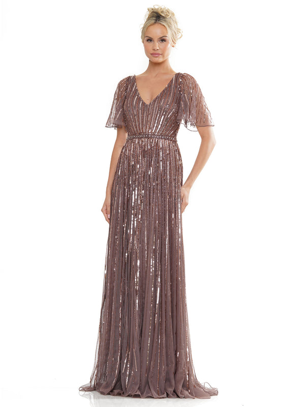 Marsoni MV1258 Mother of the Bride Long Beaded Mesh Short Sleeve Dress
