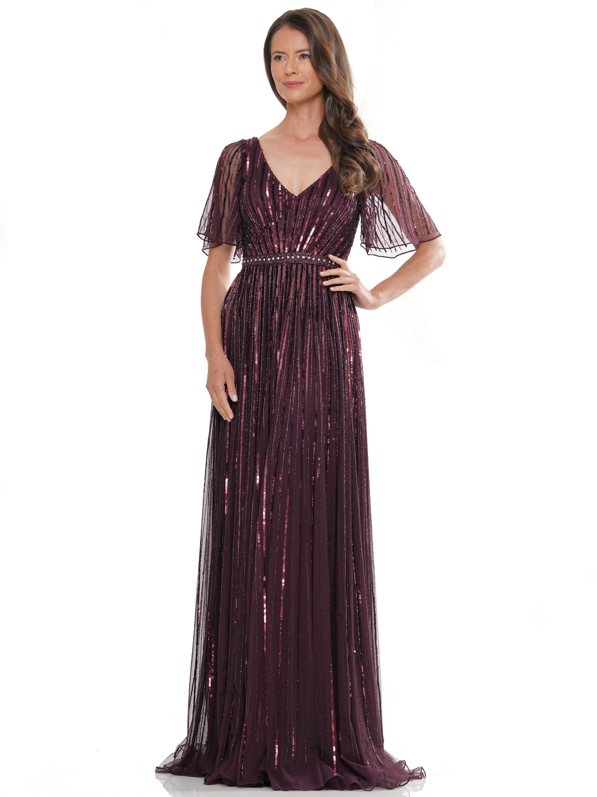 Mother of the Bride Dresses Mother of the Bride Long Beaded Short Sleeve Dress Wine 