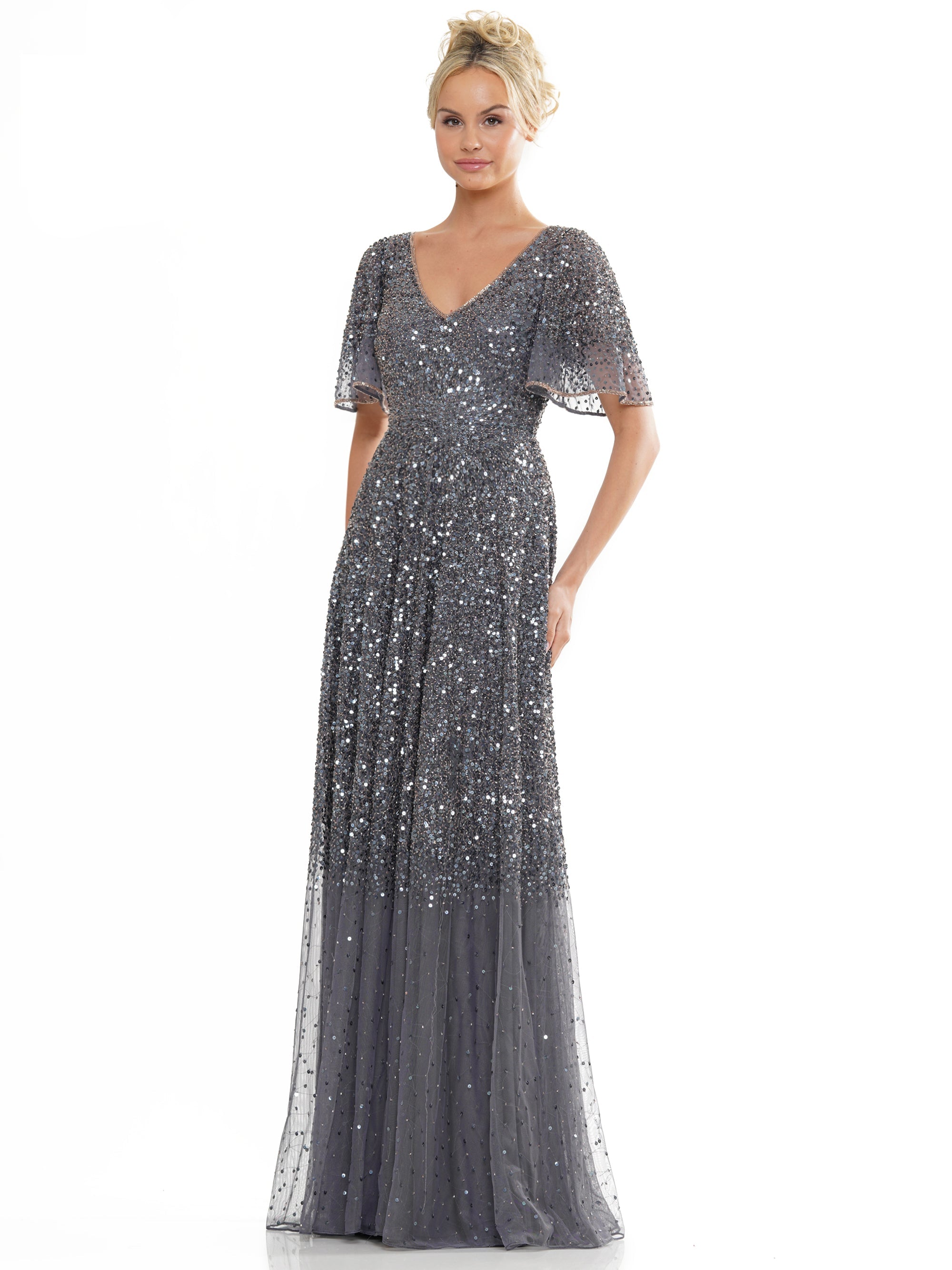 Mother of the Bride Dresses Mother of the Bride Long Beaded Mesh V Neck Dress Charcoal