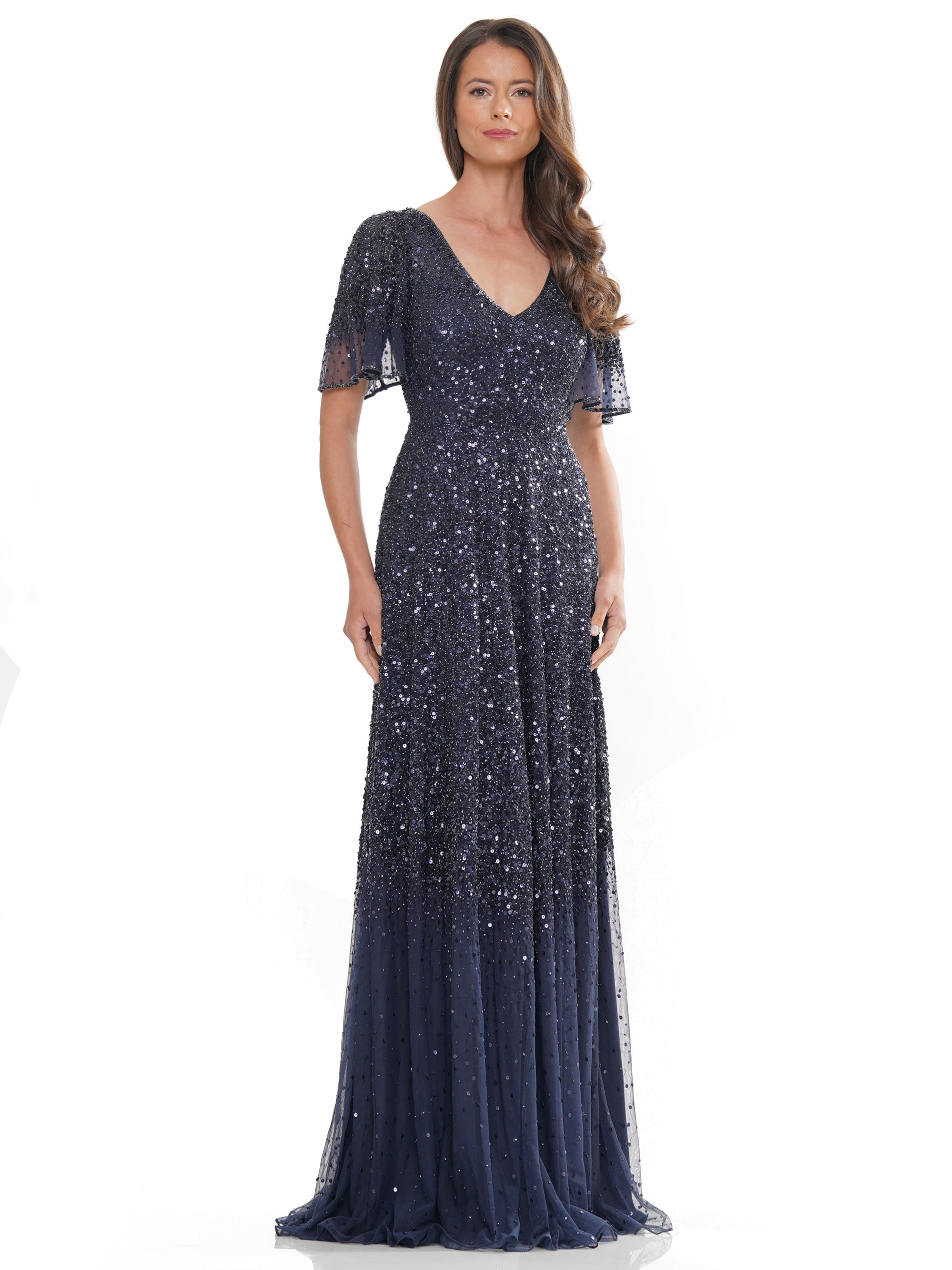 Mother of the Bride Dresses Mother of the Bride Long Beaded Mesh V Neck Dress Navy