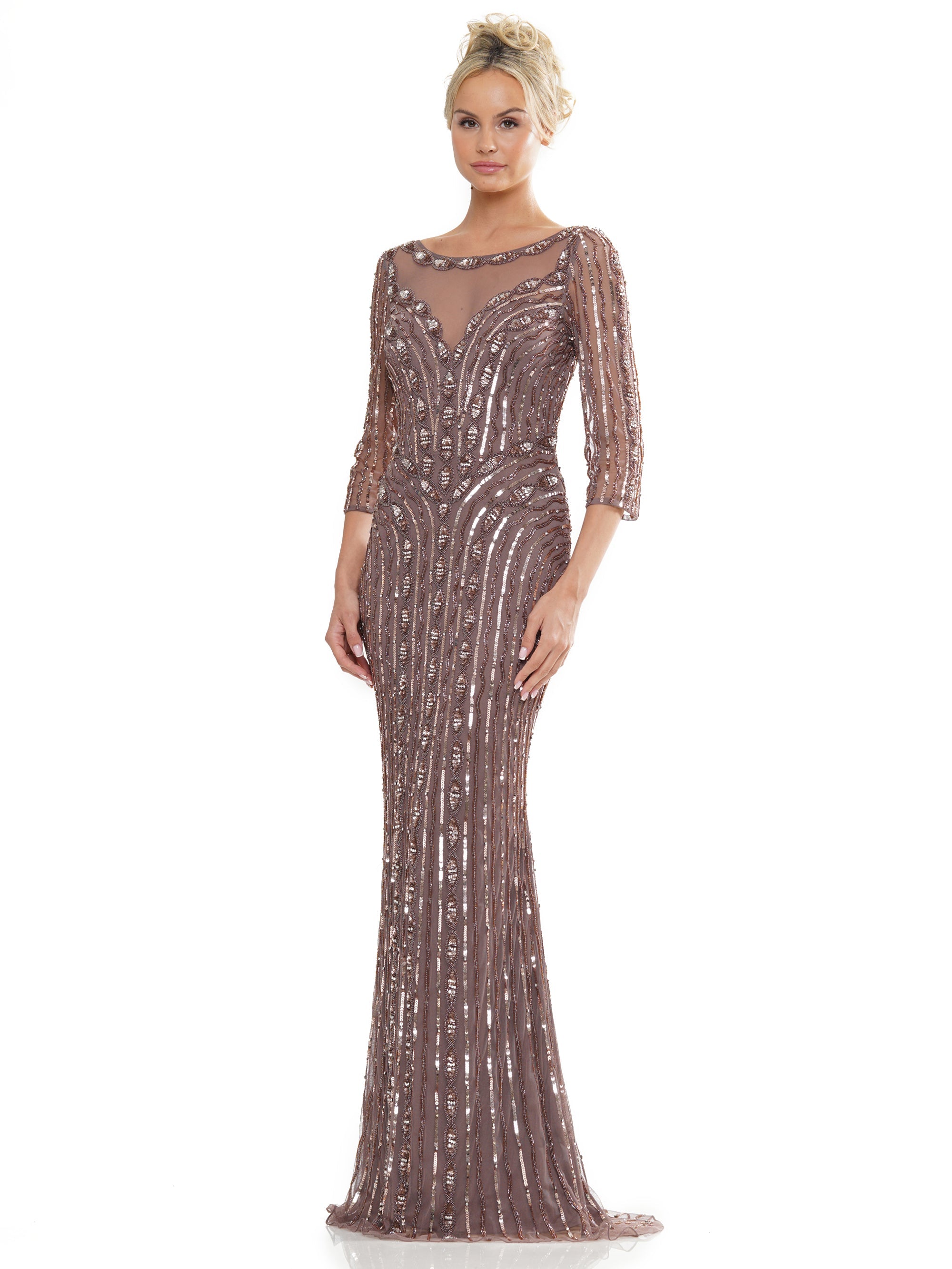 Mother of the Bride Dresses Mother of the Bride Long Beaded Mesh Quarter Sleeve Dress Dark Taupe