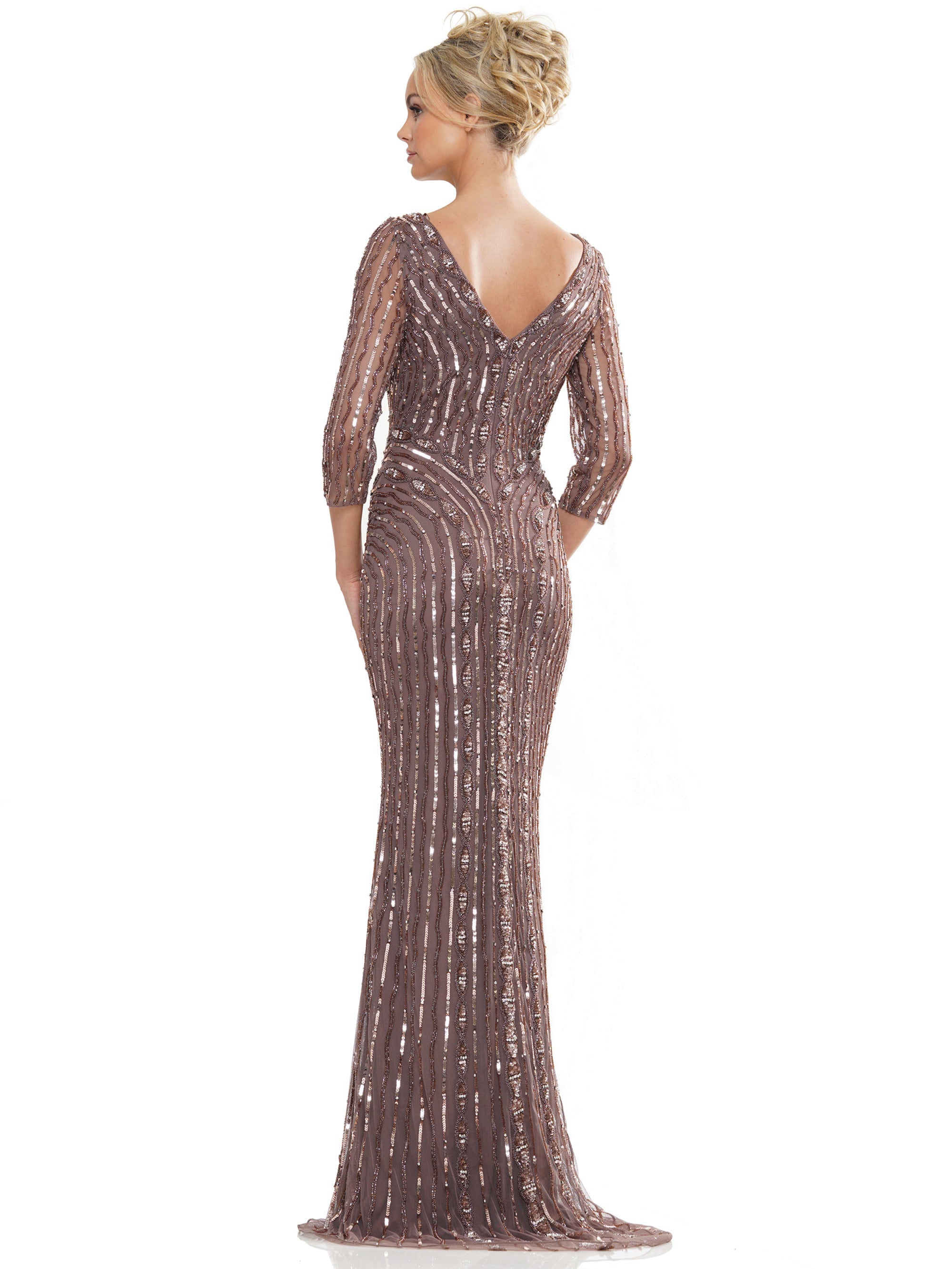 Mother of the Bride Dresses Mother of the Bride Long Beaded Mesh Quarter Sleeve Dress Dark Taupe