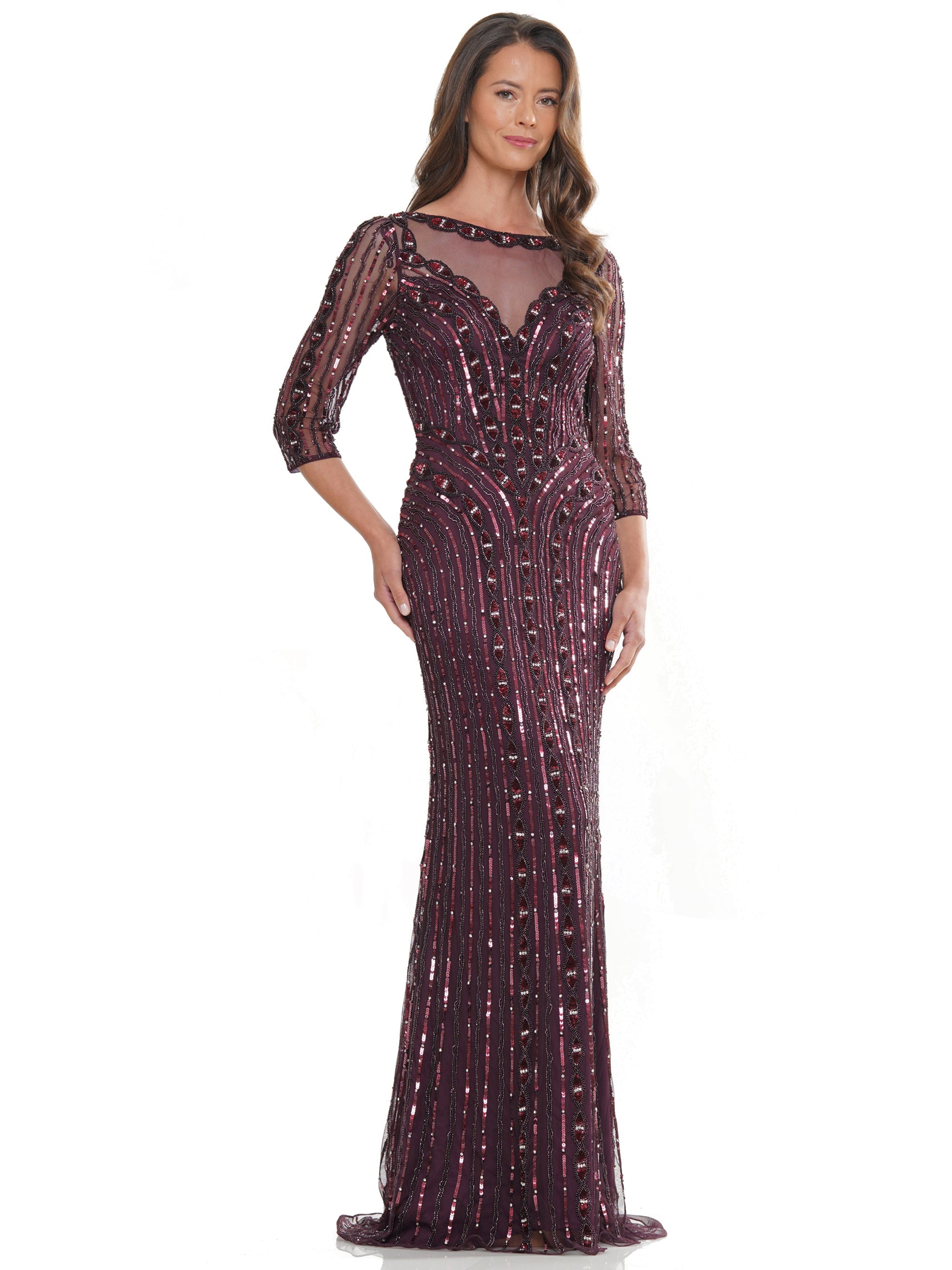 Mother of the Bride Dresses Mother of the Bride Long Beaded Mesh Quarter Sleeve Dress Wine