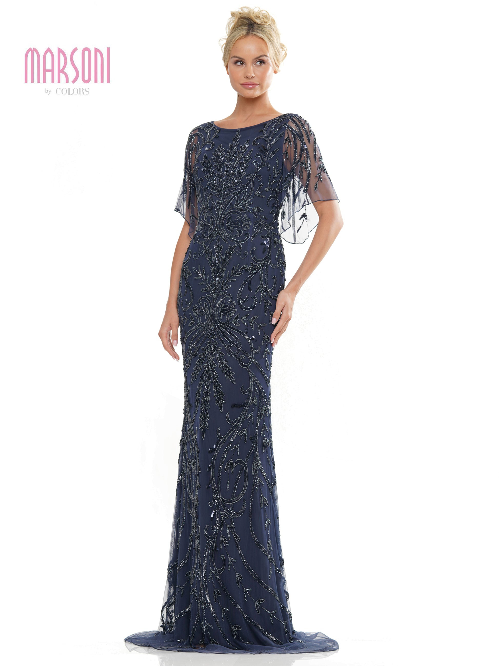 Marsoni MV1261 Mother of the Bride Long Beaded Mesh Short Sleeve Dress