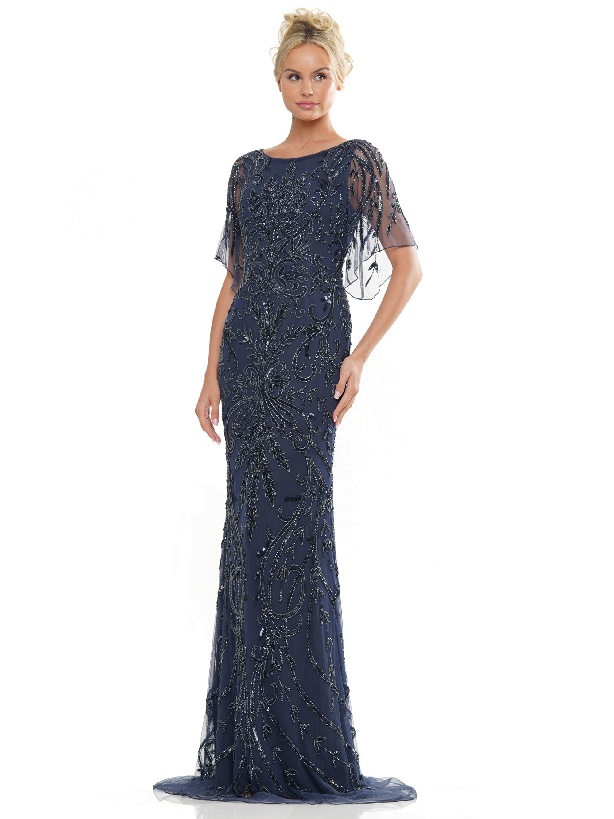 Mother of the Bride Dresses Mother of the Bride Long Beaded Mesh Short Sleeve Dress Navy