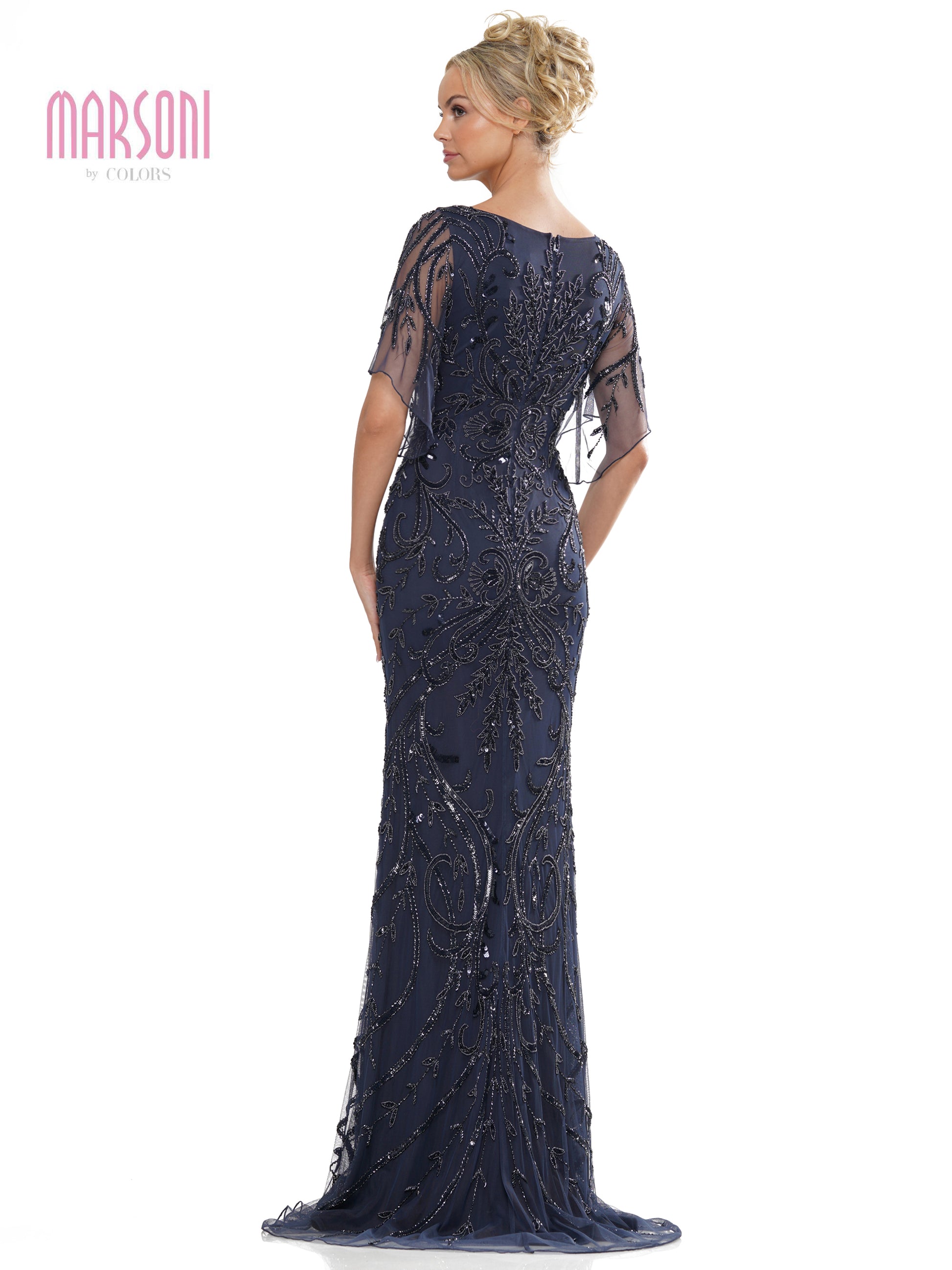Marsoni MV1261 Mother of the Bride Long Beaded Mesh Short Sleeve Dress