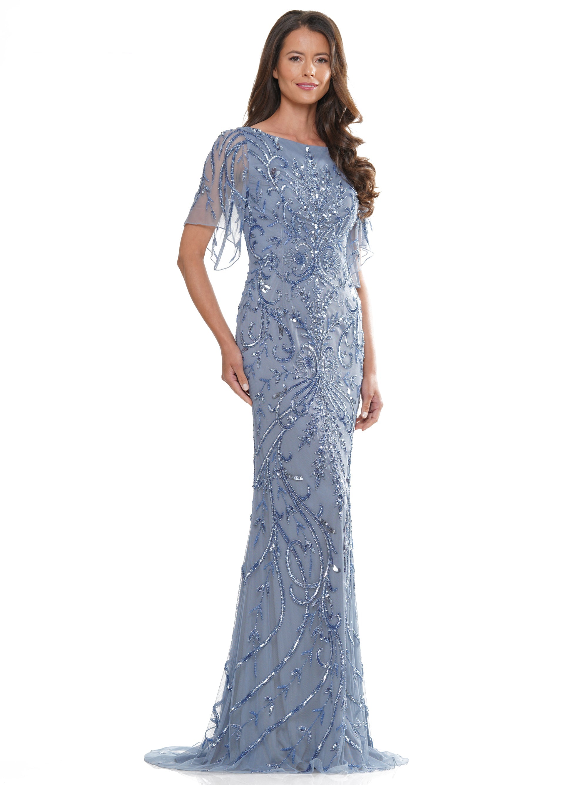 Mother of the Bride Dresses Mother of the Bride Long Beaded Mesh Short Sleeve Dress Slate Blue
