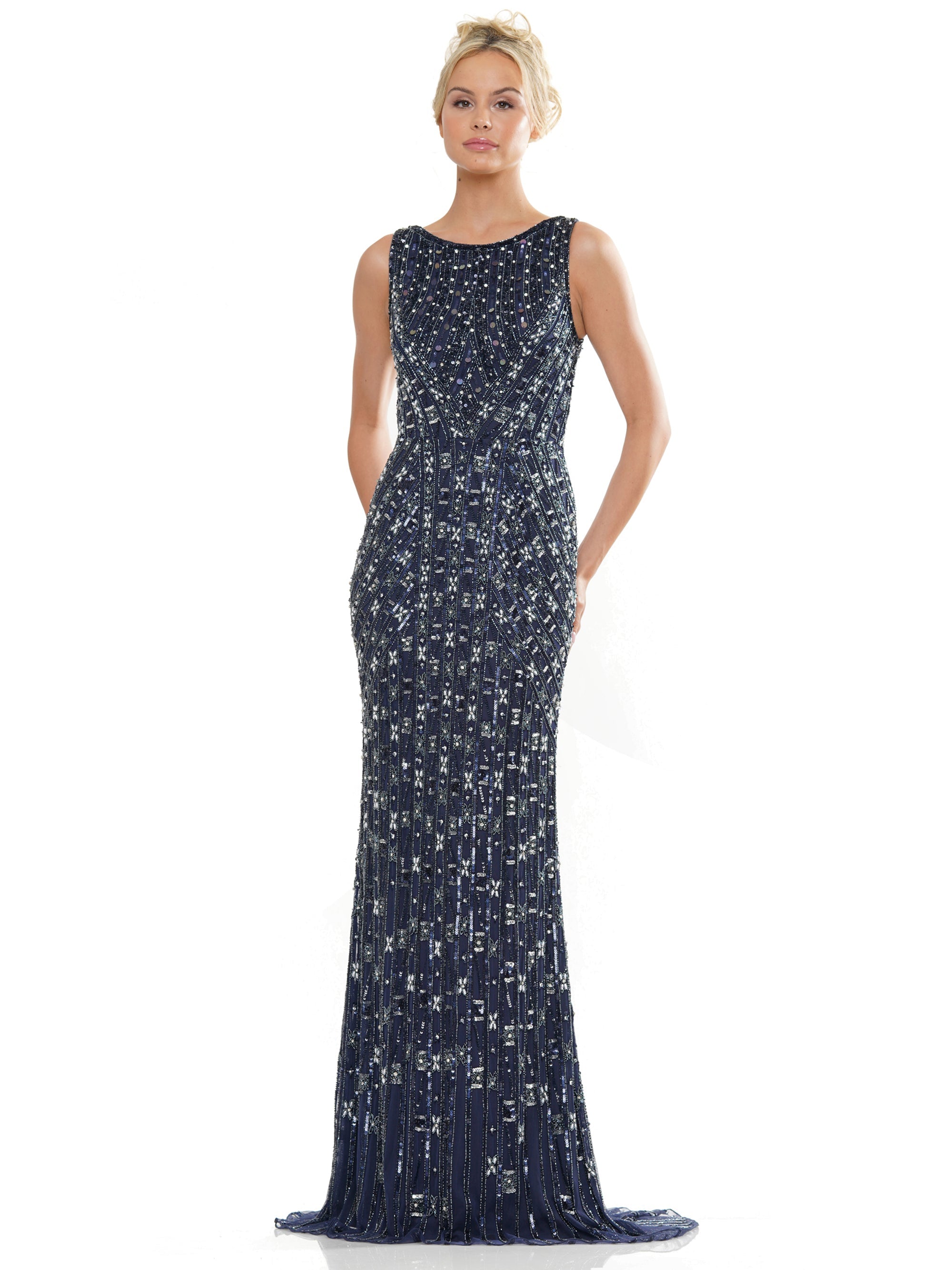 Formal Dresses Formal Long Beaded Mesh Sleeveless Dress Navy