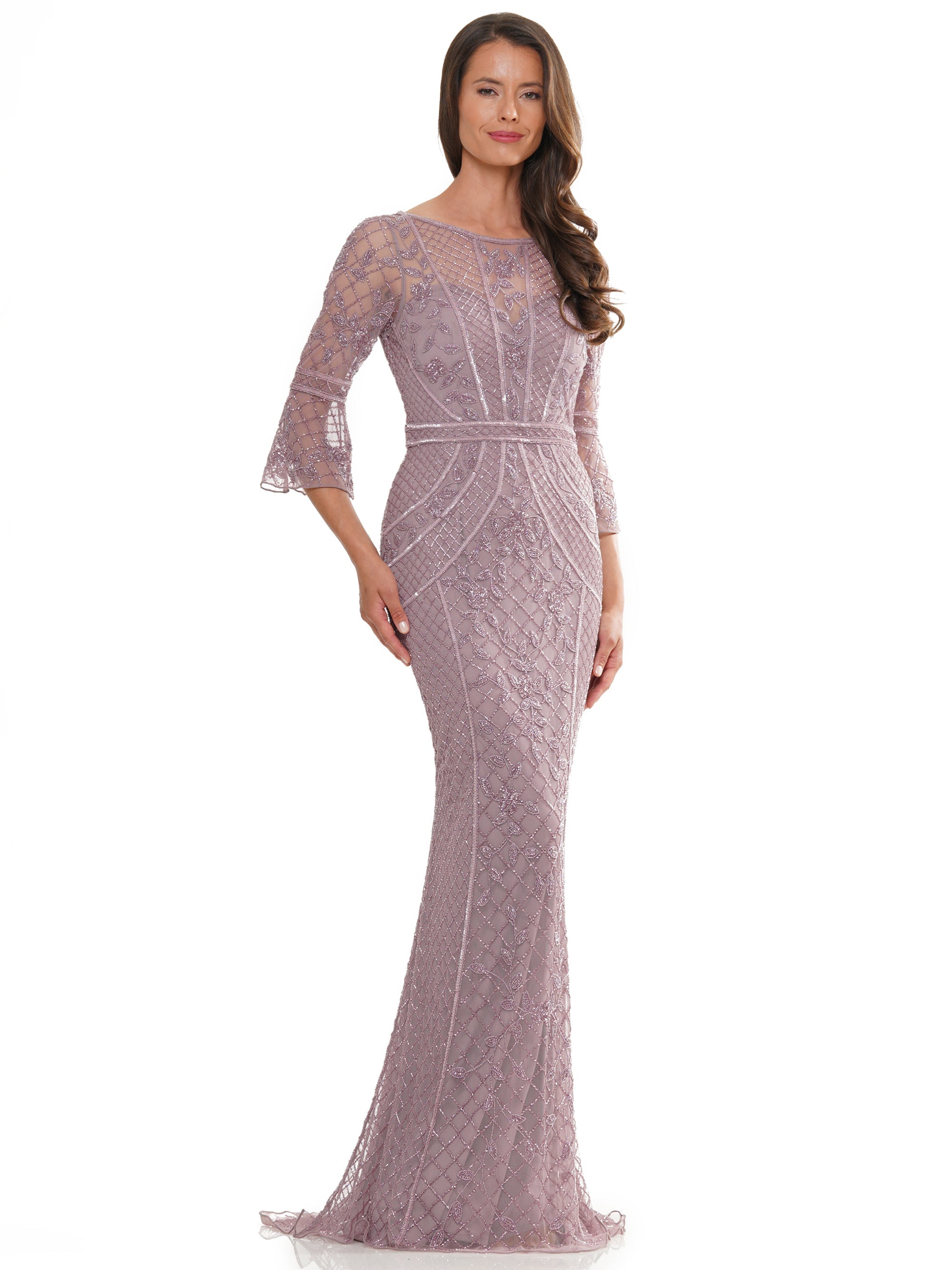 Mother of the Bride Dresses Mother of the Bride Quarter Sleeve Beaded Mesh Dress Dusty Rose