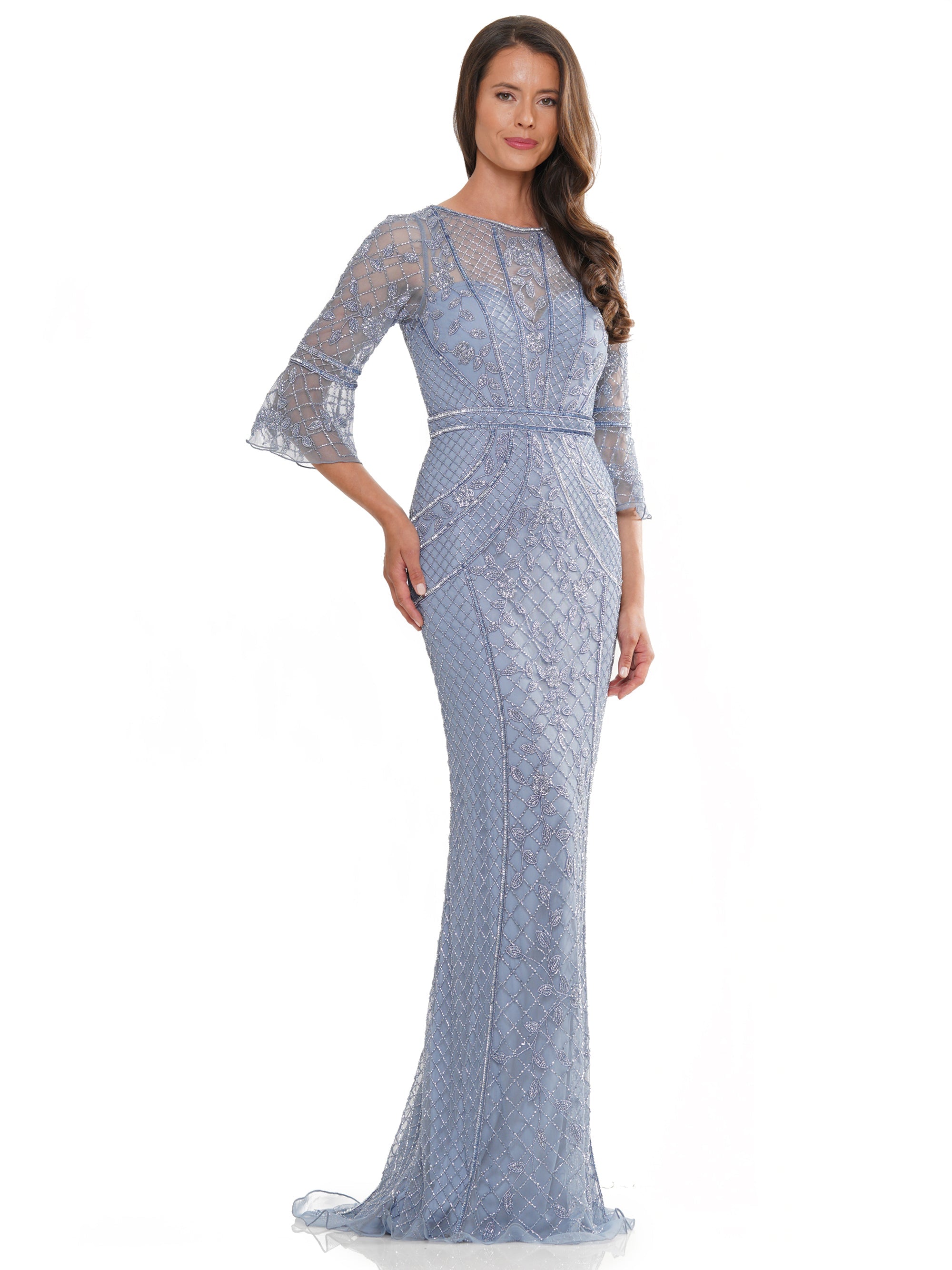Mother of the Bride Dresses Mother of the Bride Quarter Sleeve Beaded Mesh Dress Slate Blue