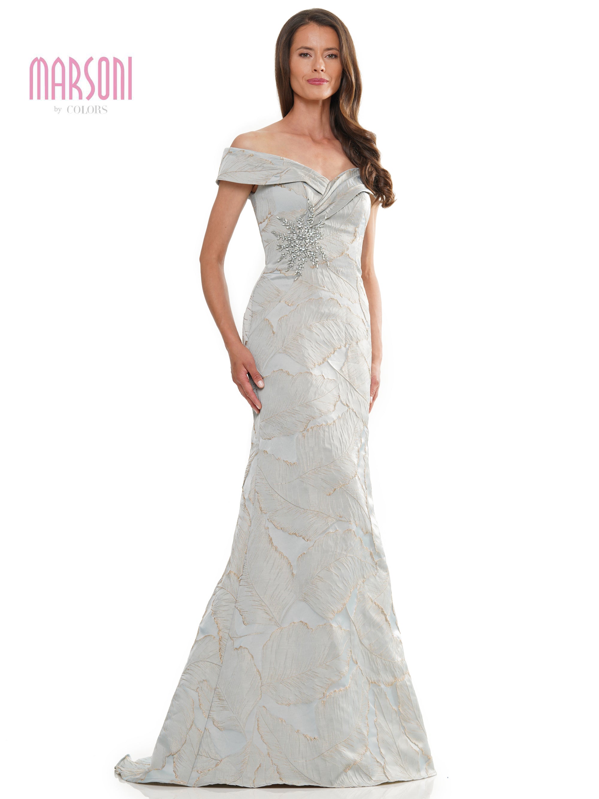 Champagne Marsoni MV1266 Mother of the Bride Off Shoulder Jacquard 