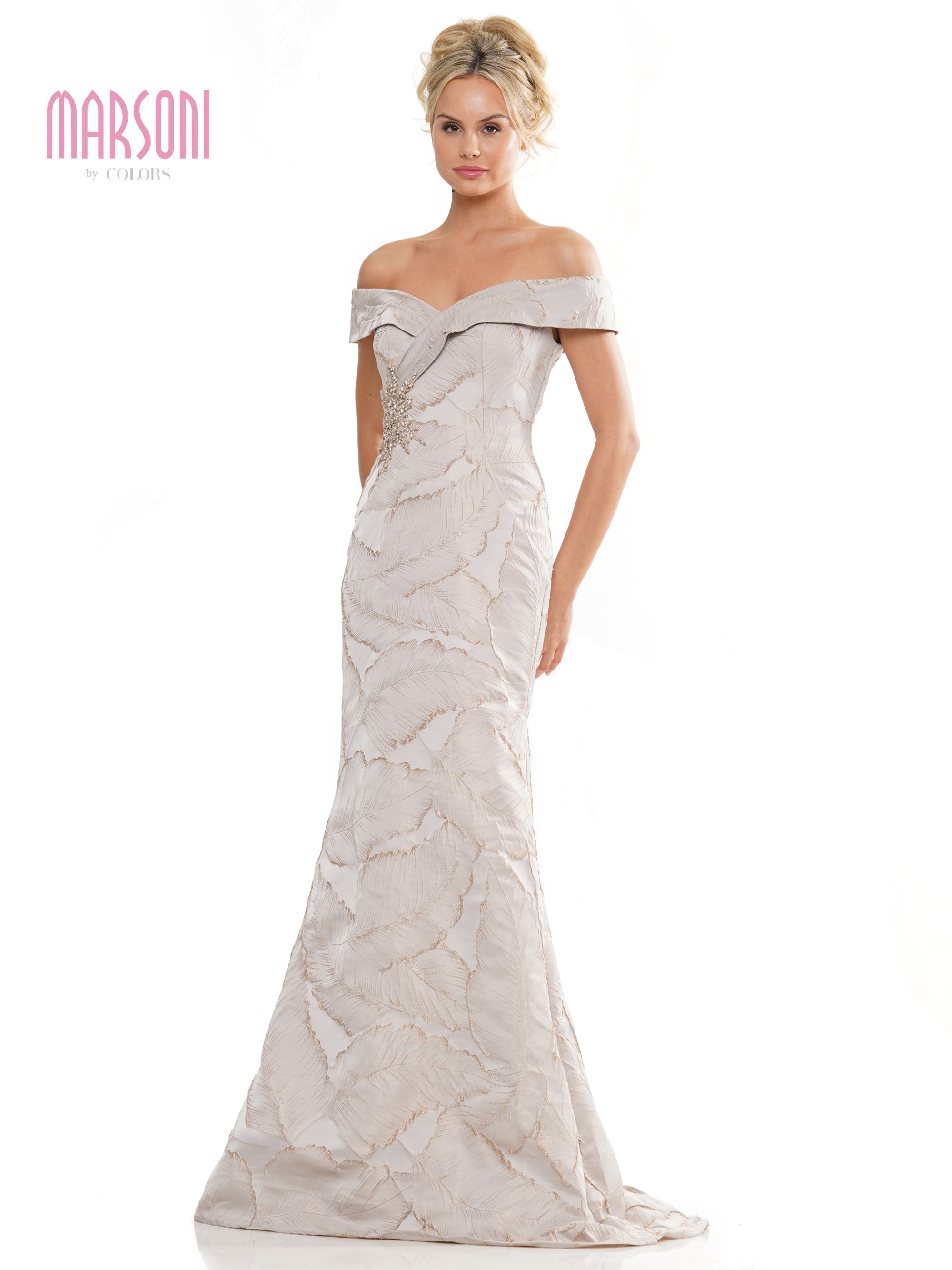 Taupe Marsoni MV1266 Mother of the Bride Off Shoulder Jacquard