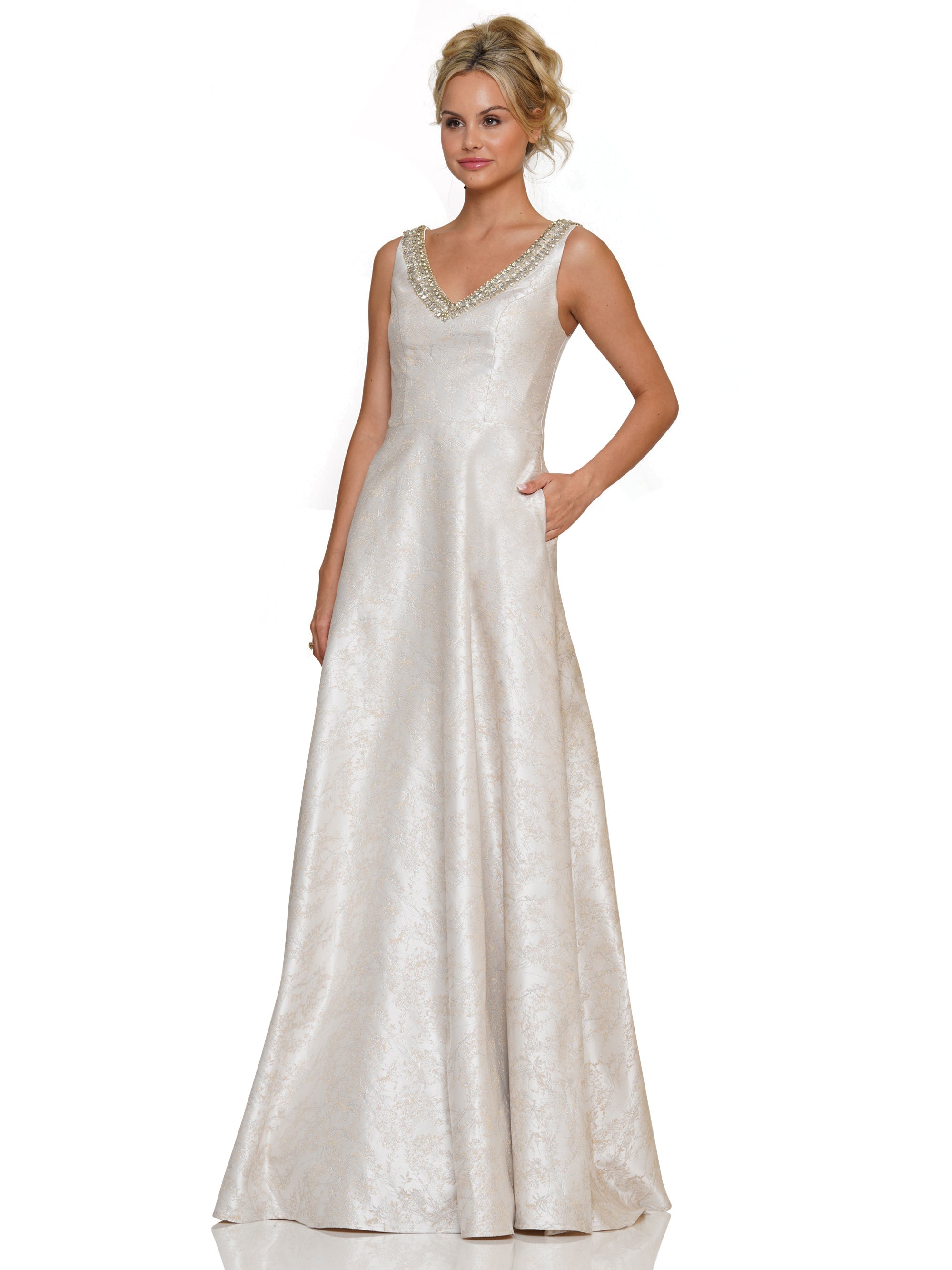 Formal Dresses Long Sleeveless V Neck Jacquard Formal Dress Champagne