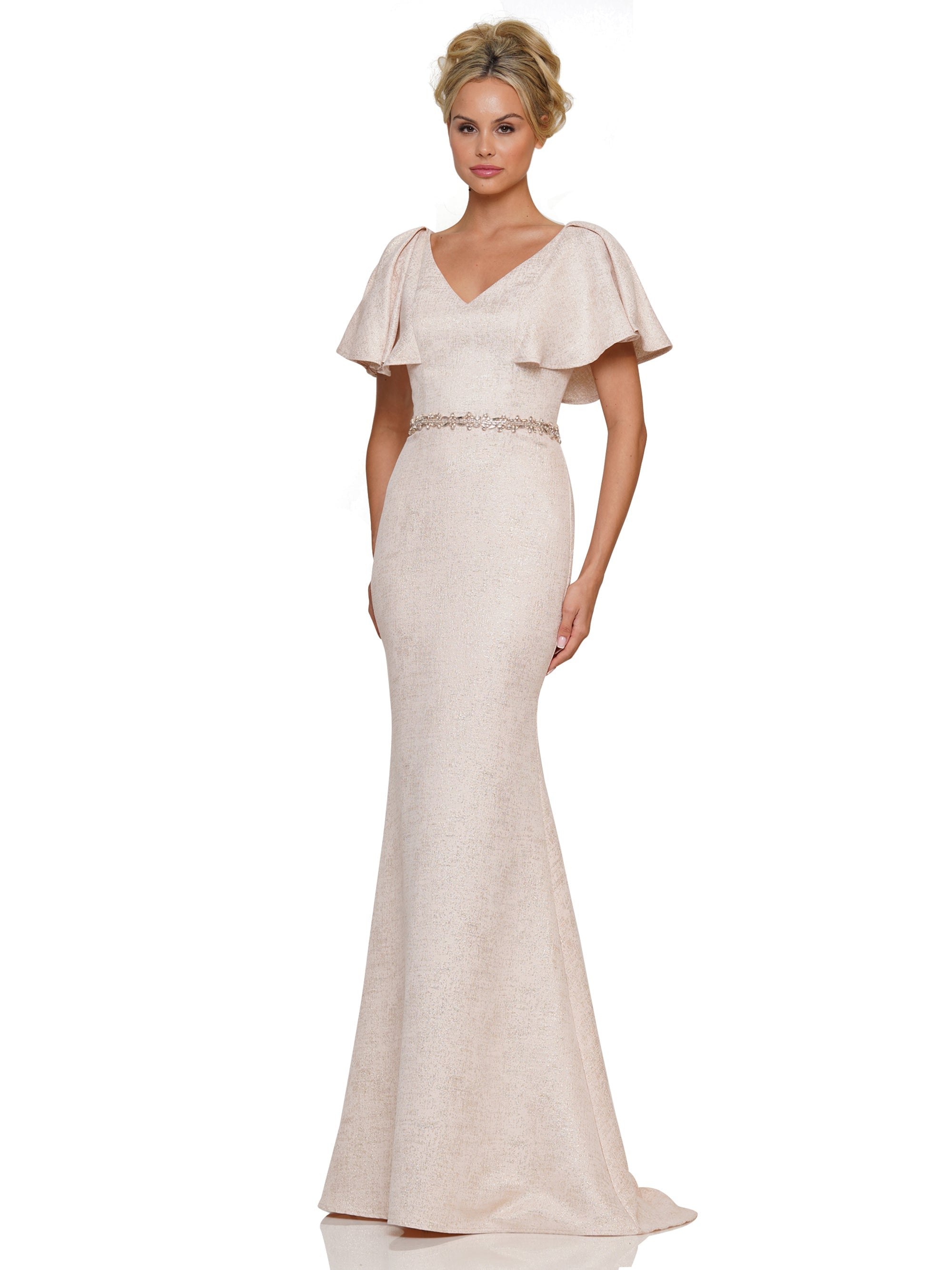 Rose Gold Marsoni MV1268 Mother of the Bride Flutter Sleeve V Neck Long