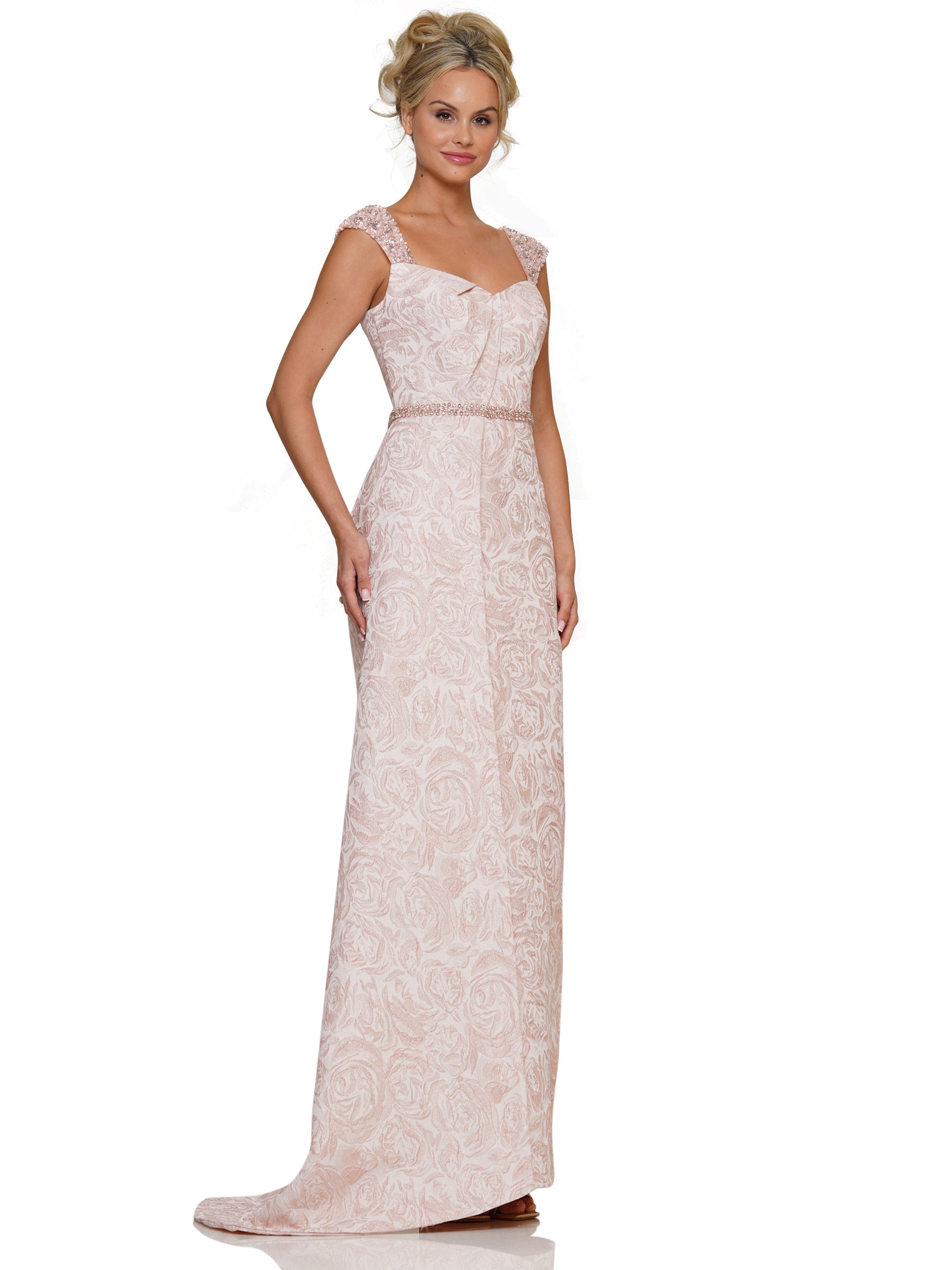 Formal Dresses Long Formal Cap Sleeve Jacquard Sheth Dress Rose Gold