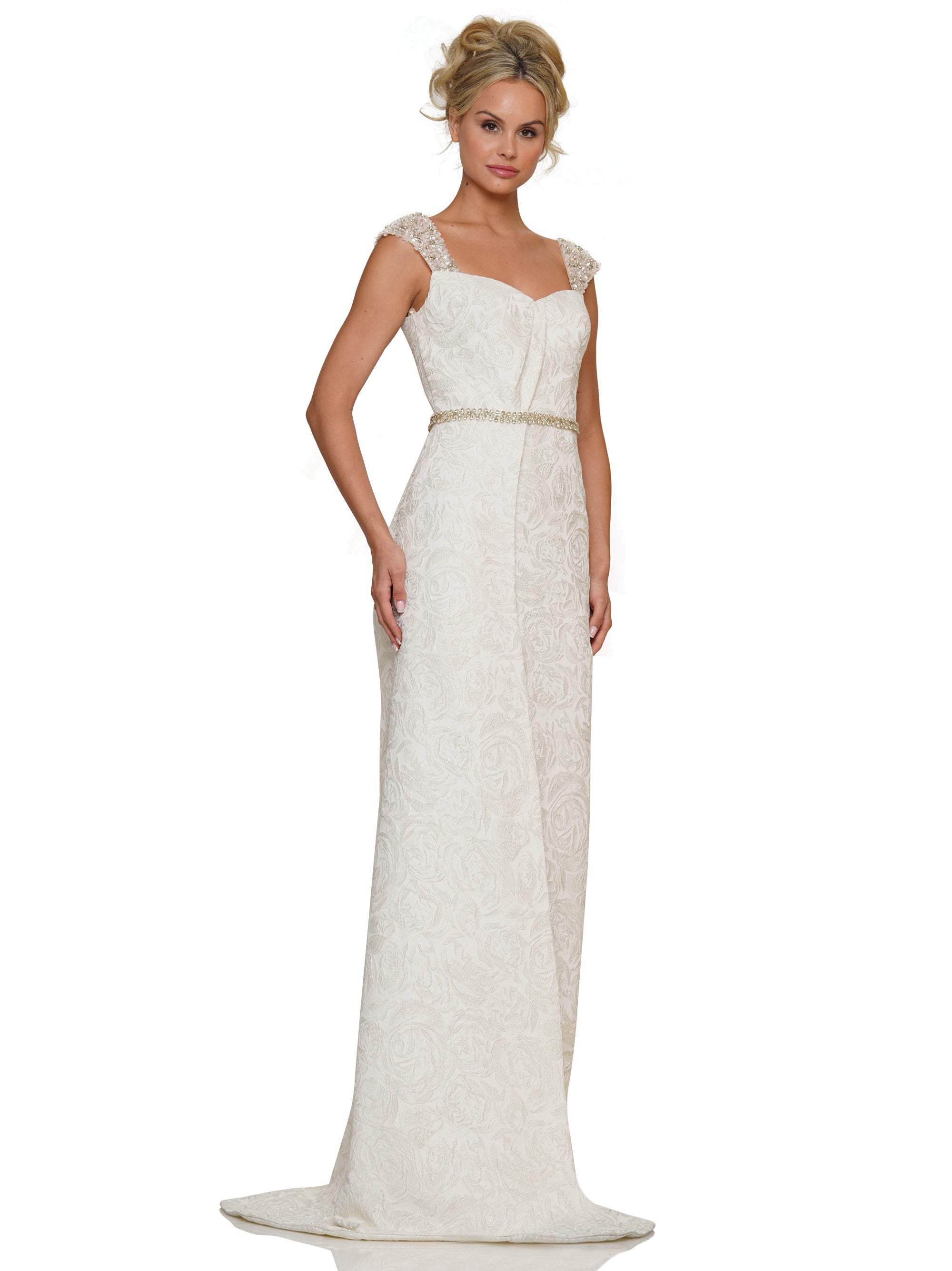 Formal Dresses Long Formal Cap Sleeve Jacquard Sheth Dress Light Gold