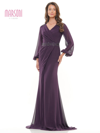 Mother of the Bride Dresses Mother of the Bride Long Sleeve V Neck Chiffon Dress Eggplant